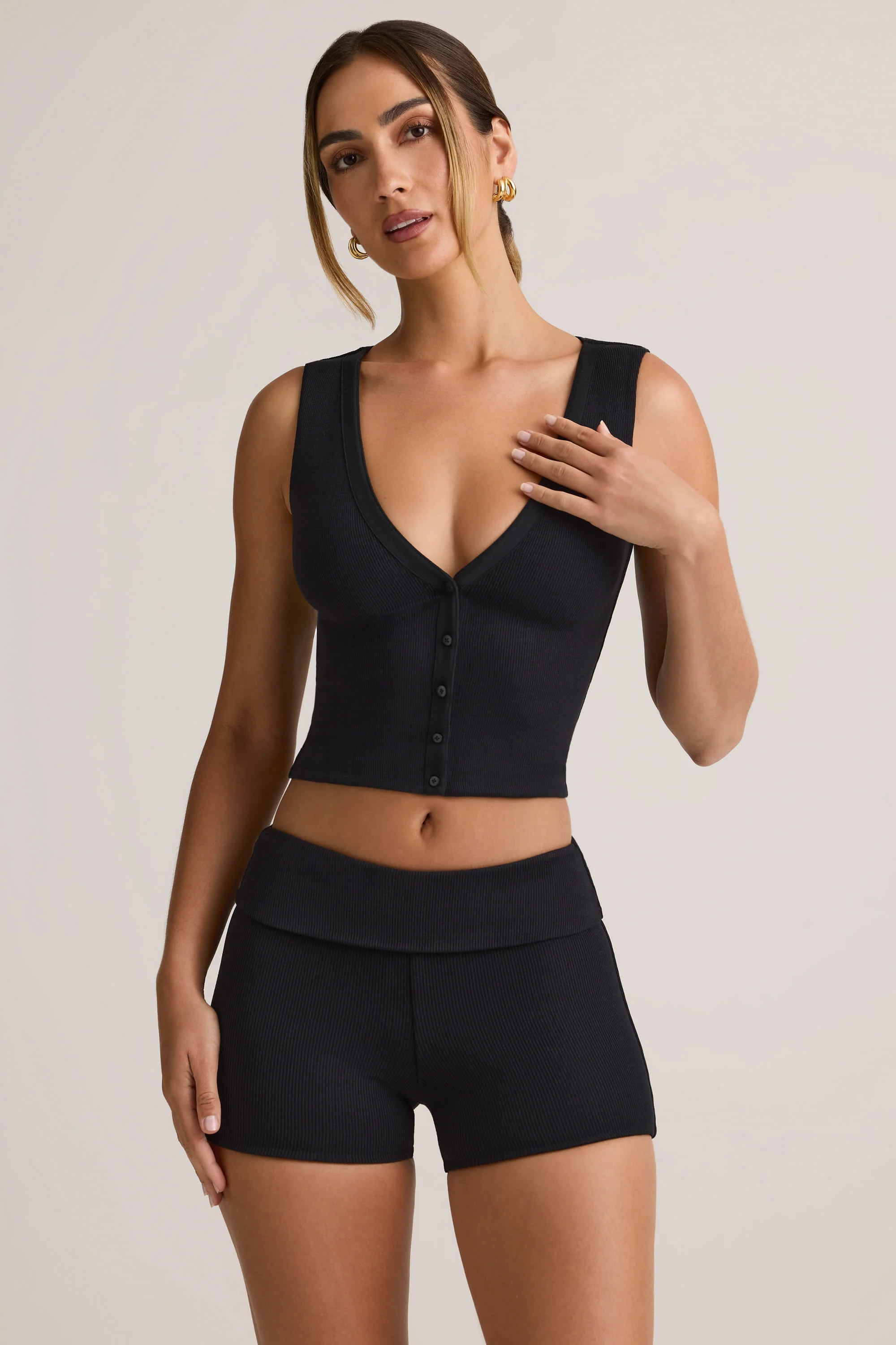 Modal Ribbed Button-Up Vest Top in Black - Image 6