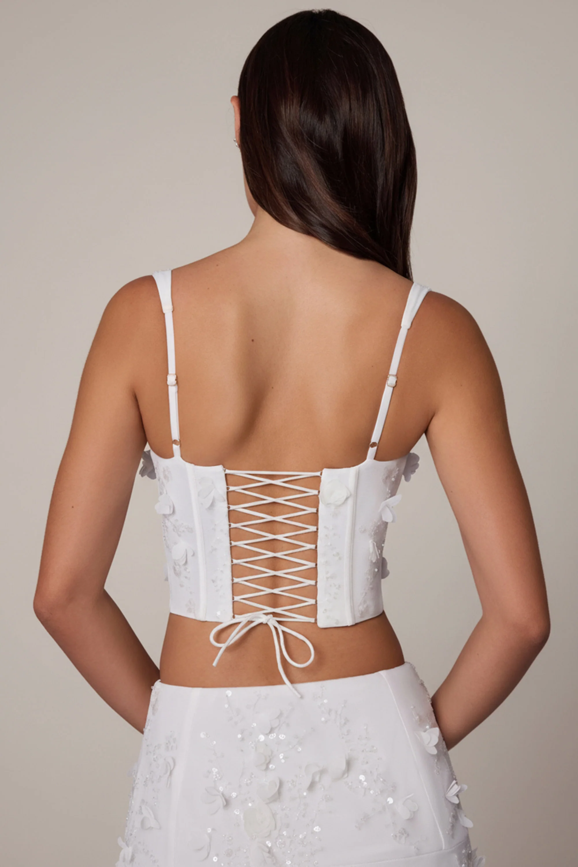 Embellished Lace-Up Corset Top in White - Image 5