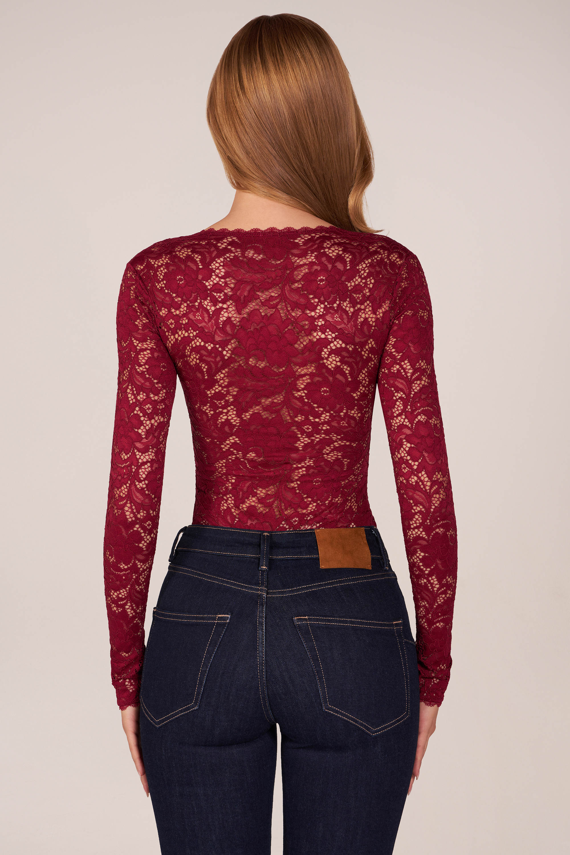 Long-Sleeve Laced Bodysuit in Cherry Red - Image 3