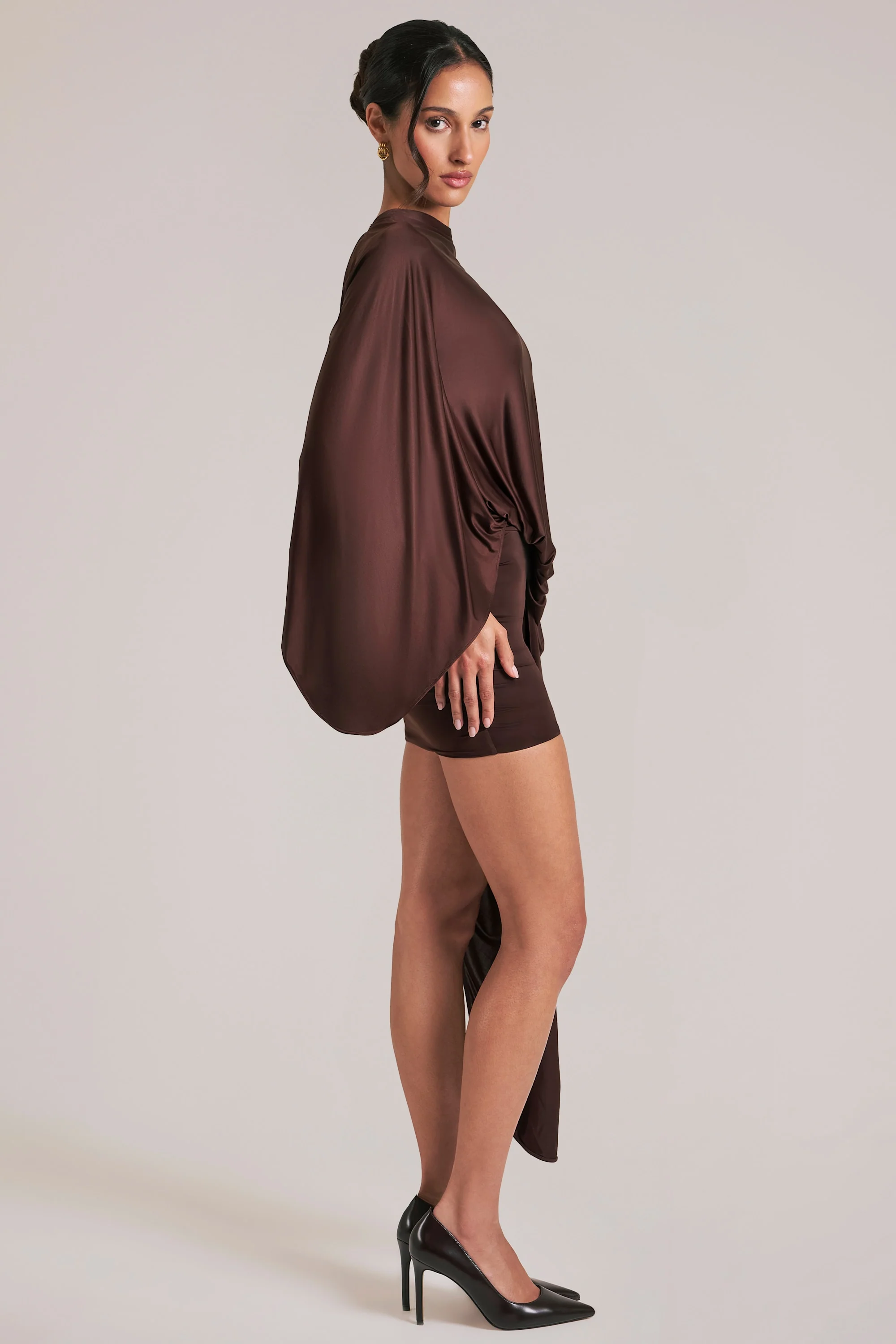Draped Cape Mini Dress in Chocolate Brown - Image 3