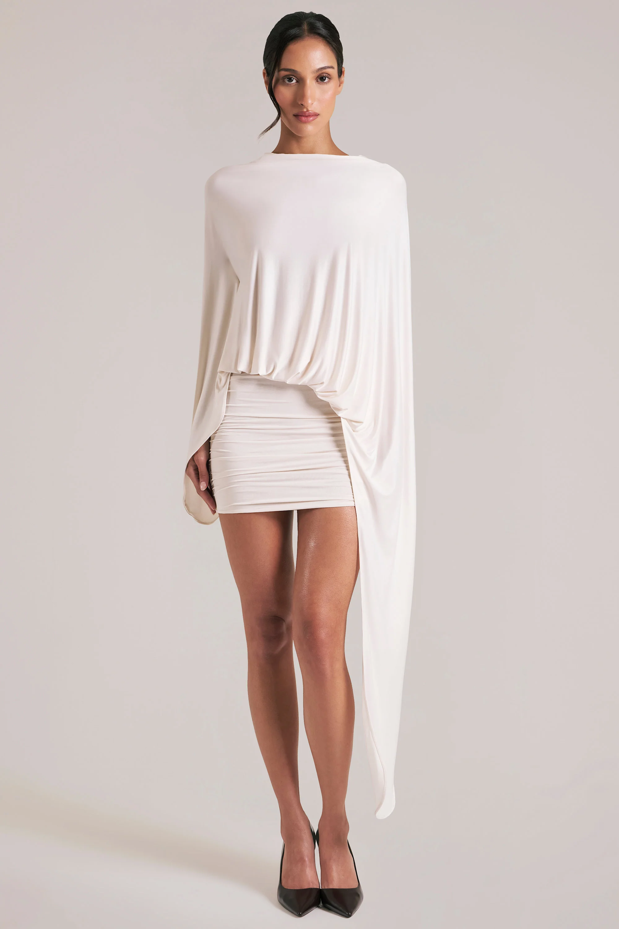 Draped Cape Mini Dress in Ivory - Image 5