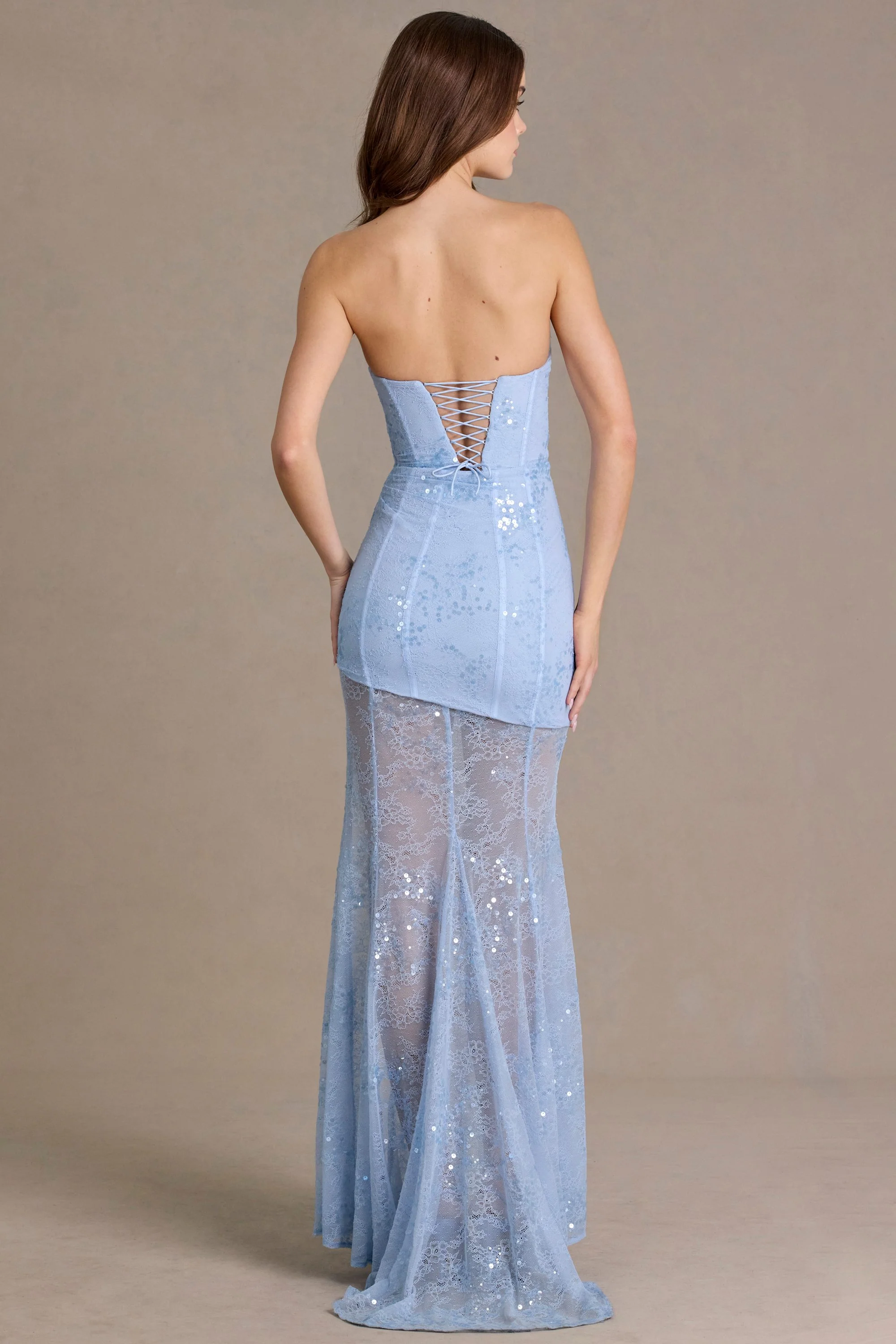 Premium Embellished Lace Corset Gown in Sky Blue - Image 3