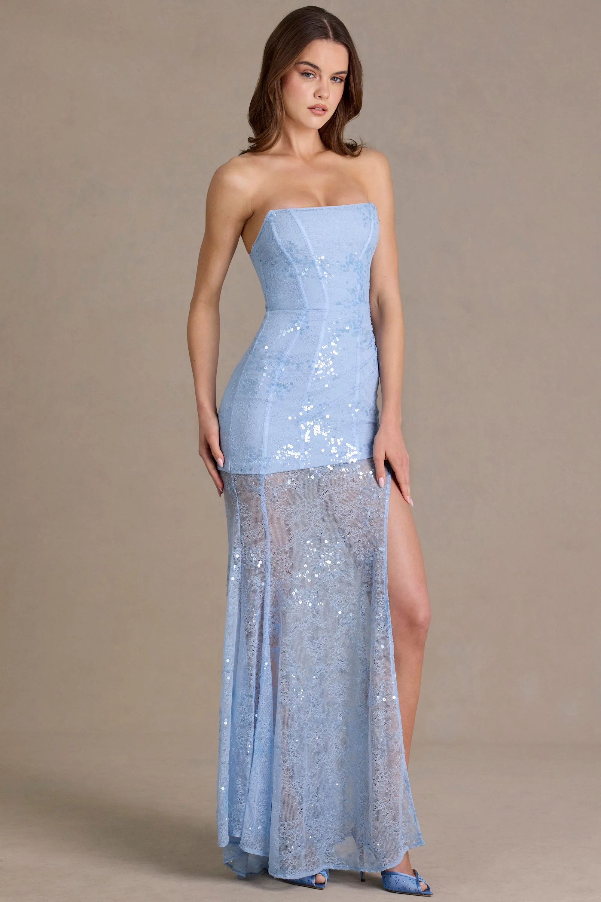 Premium Embellished Lace Corset Gown in Sky Blue - Image 4