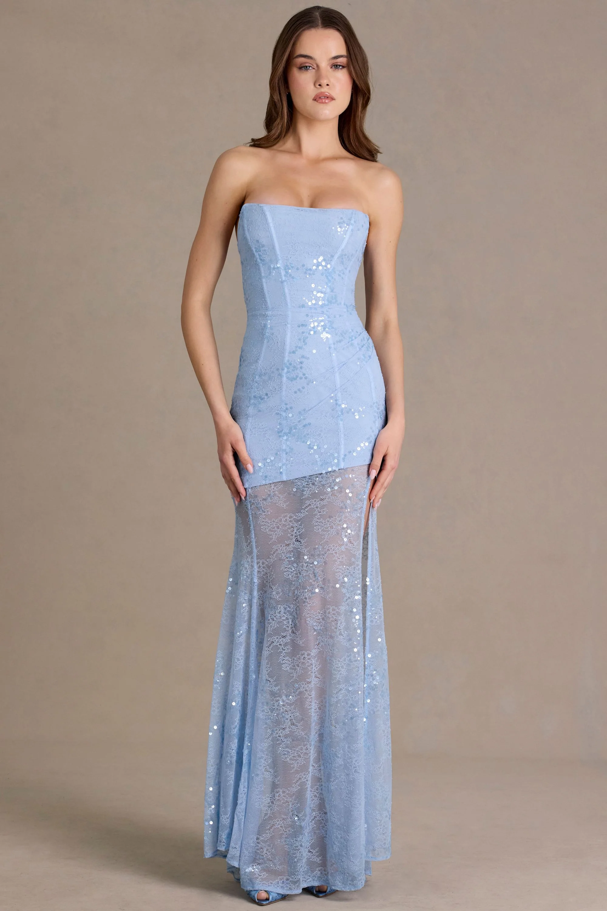Premium Embellished Lace Corset Gown in Sky Blue - Image 8