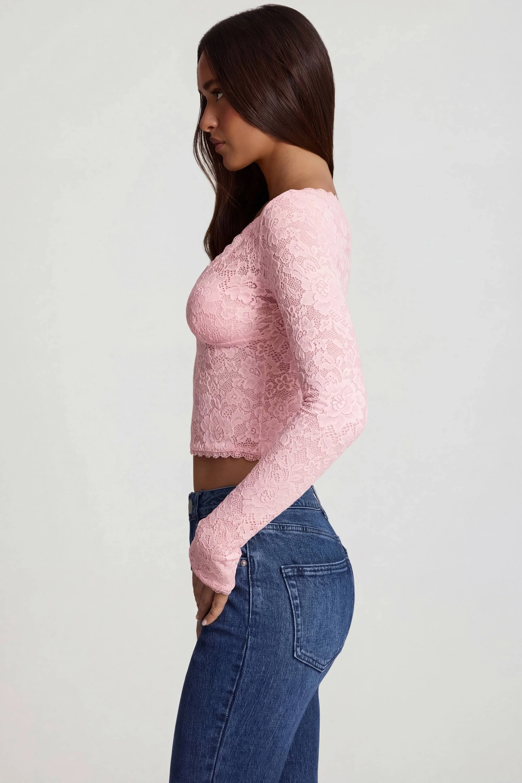 Sheer Lace Plunge-Neck Long-Sleeve Top in Pink - Image 3