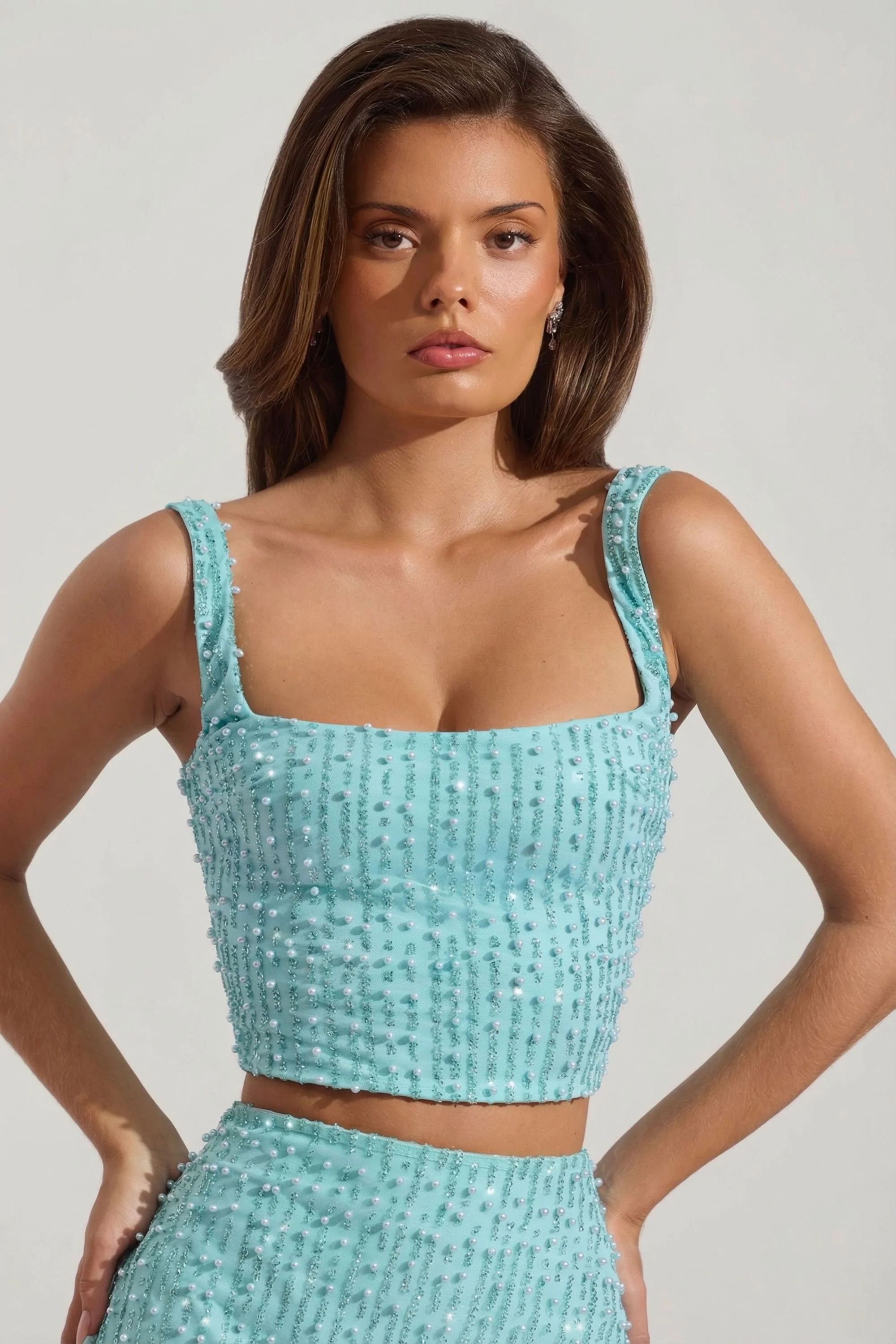 Embellished Square-Neck Crop Top in Aqua Blue - Image 5