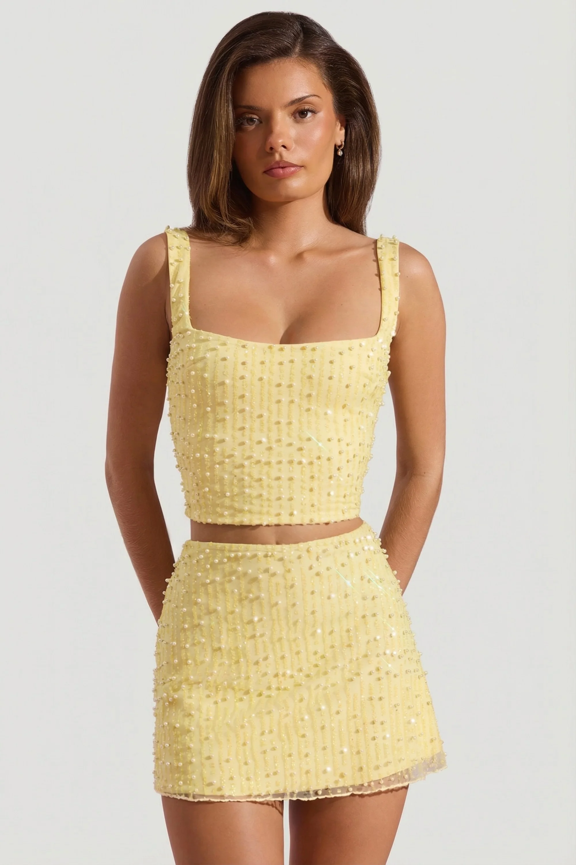 Embellished Square-Neck Crop Top in Yellow - Image 8