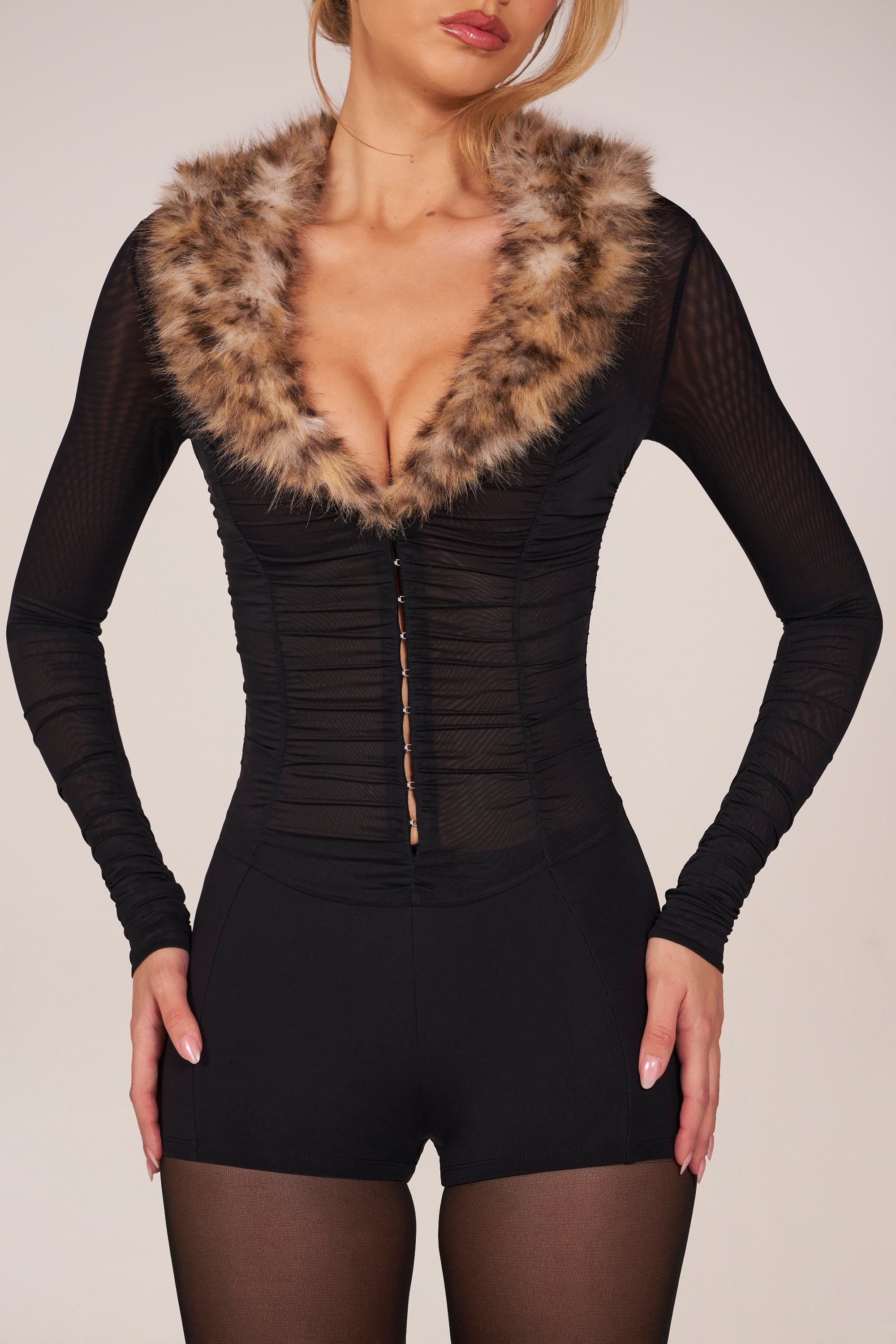 Faux Fur-Trim Playsuit in Black - Image 2