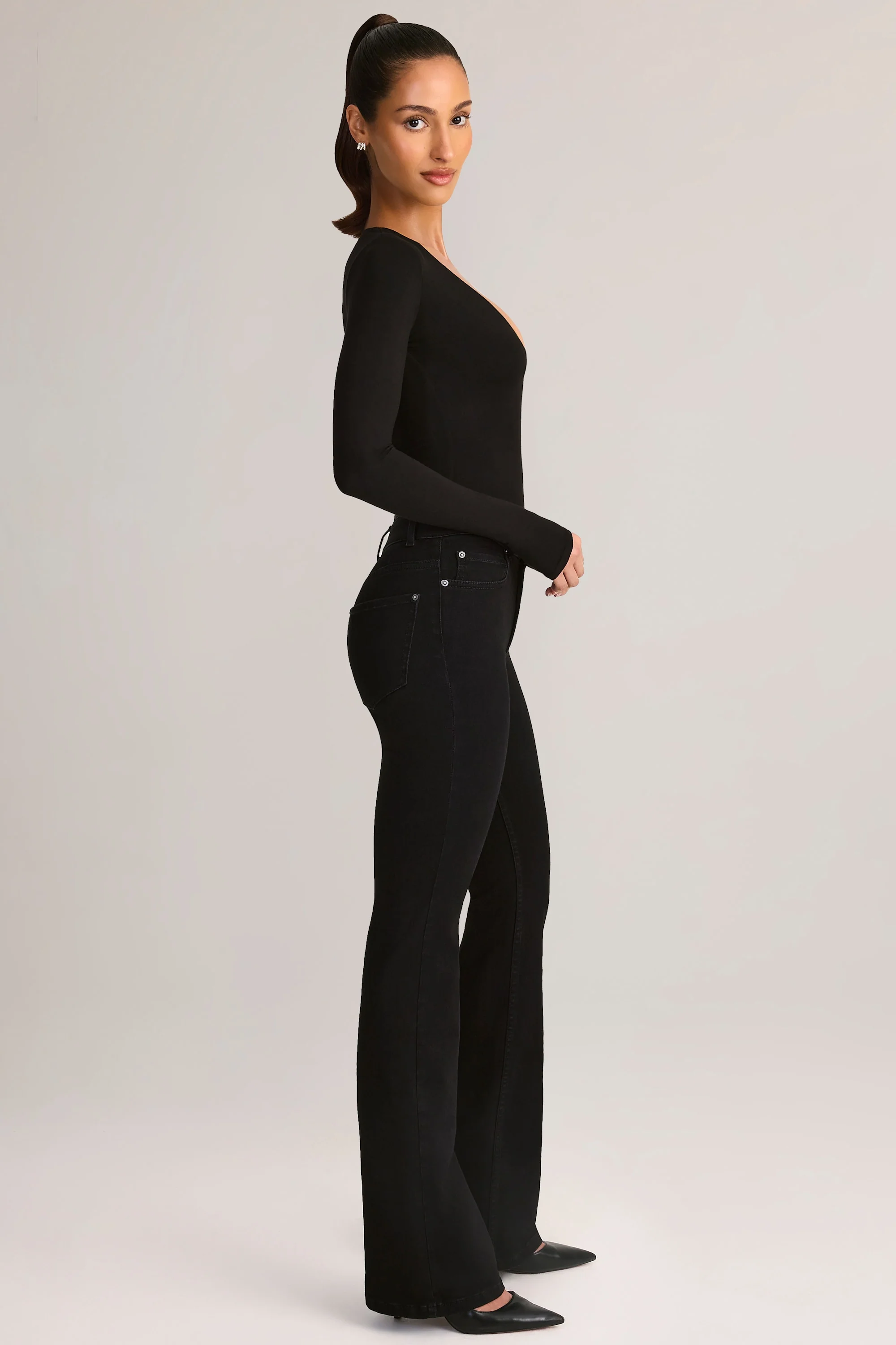 Denim Mid-Rise Flared Jeans in Black - Image 3