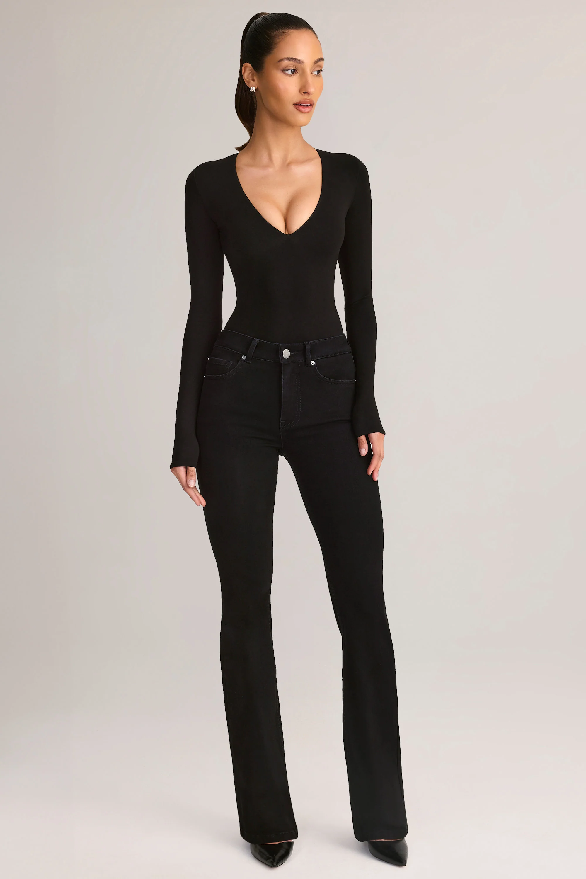 Denim Mid-Rise Flared Jeans in Black - Image 6