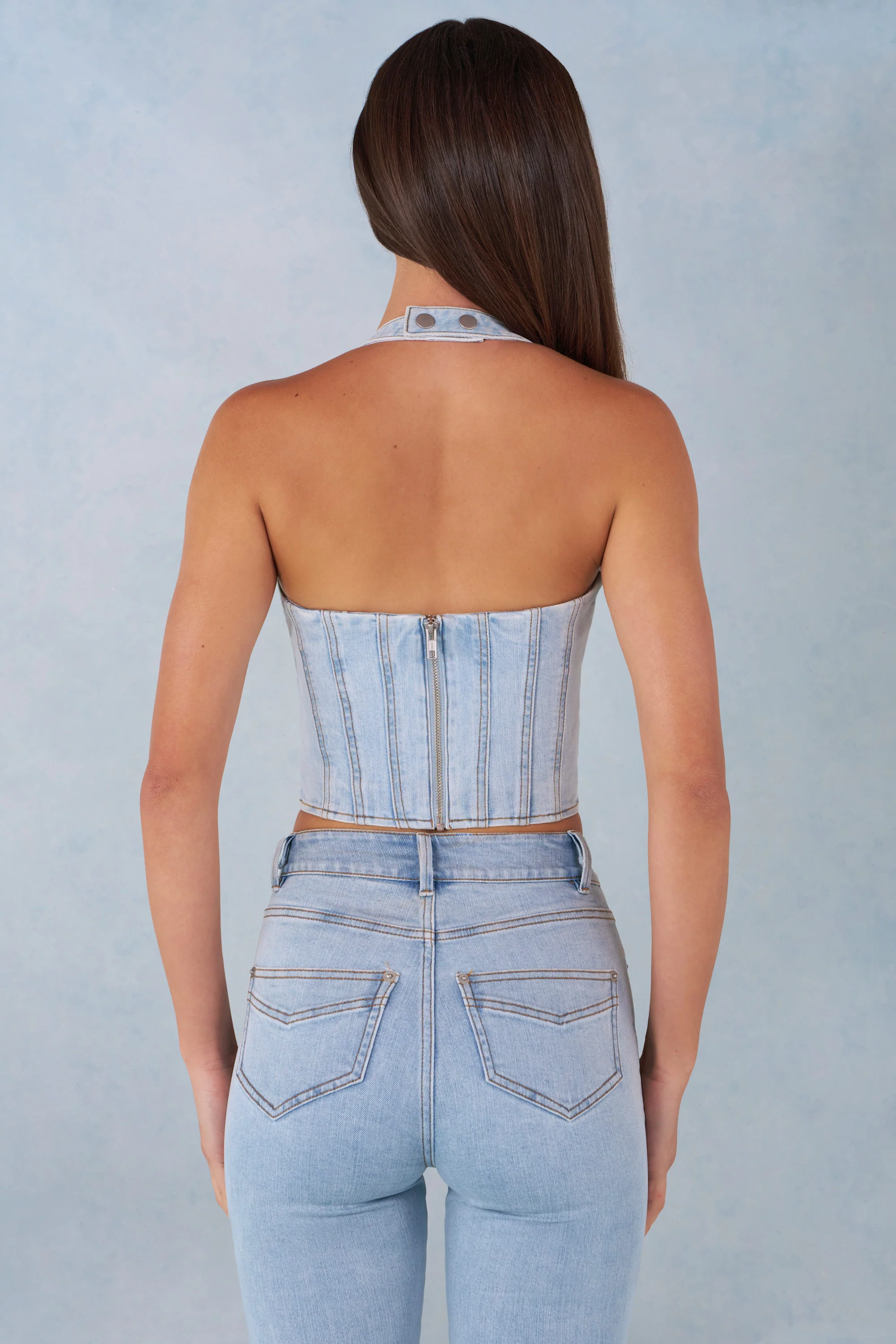 Halterneck Denim Corset Style Top in Light Denim - Image 6