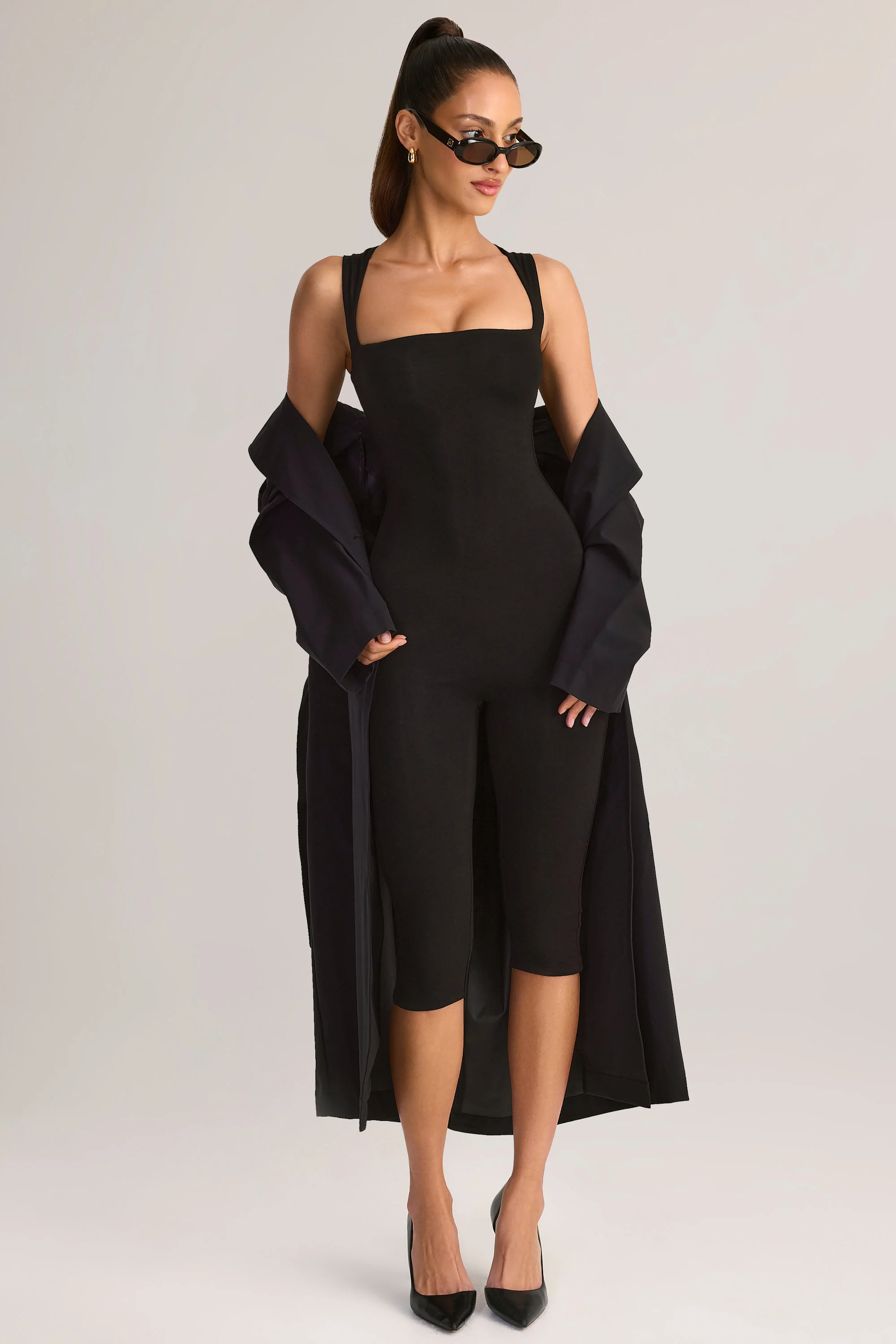 Modal Square-Neck Bodycon Capri Jumpsuit in Black - Image 5