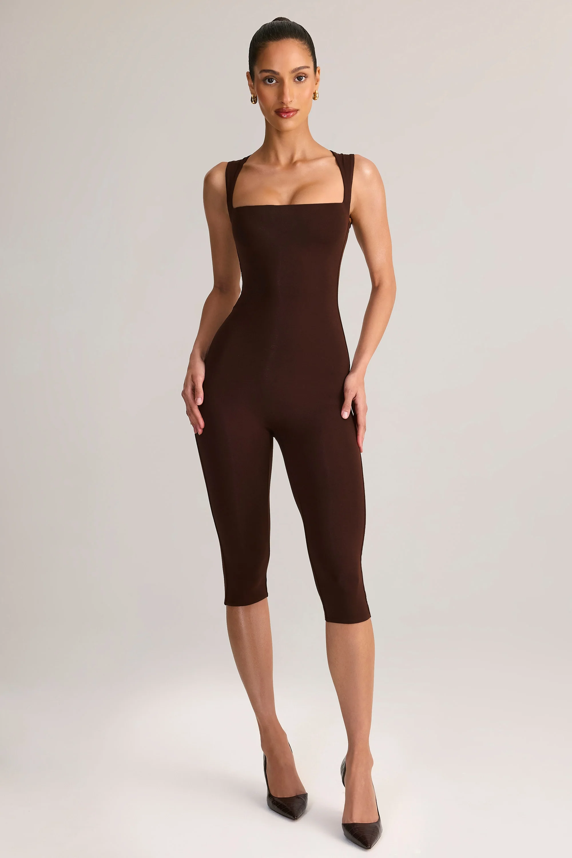 Modal Square-Neck Bodycon Capri Jumpsuit in Chocolate Brown - Image 5