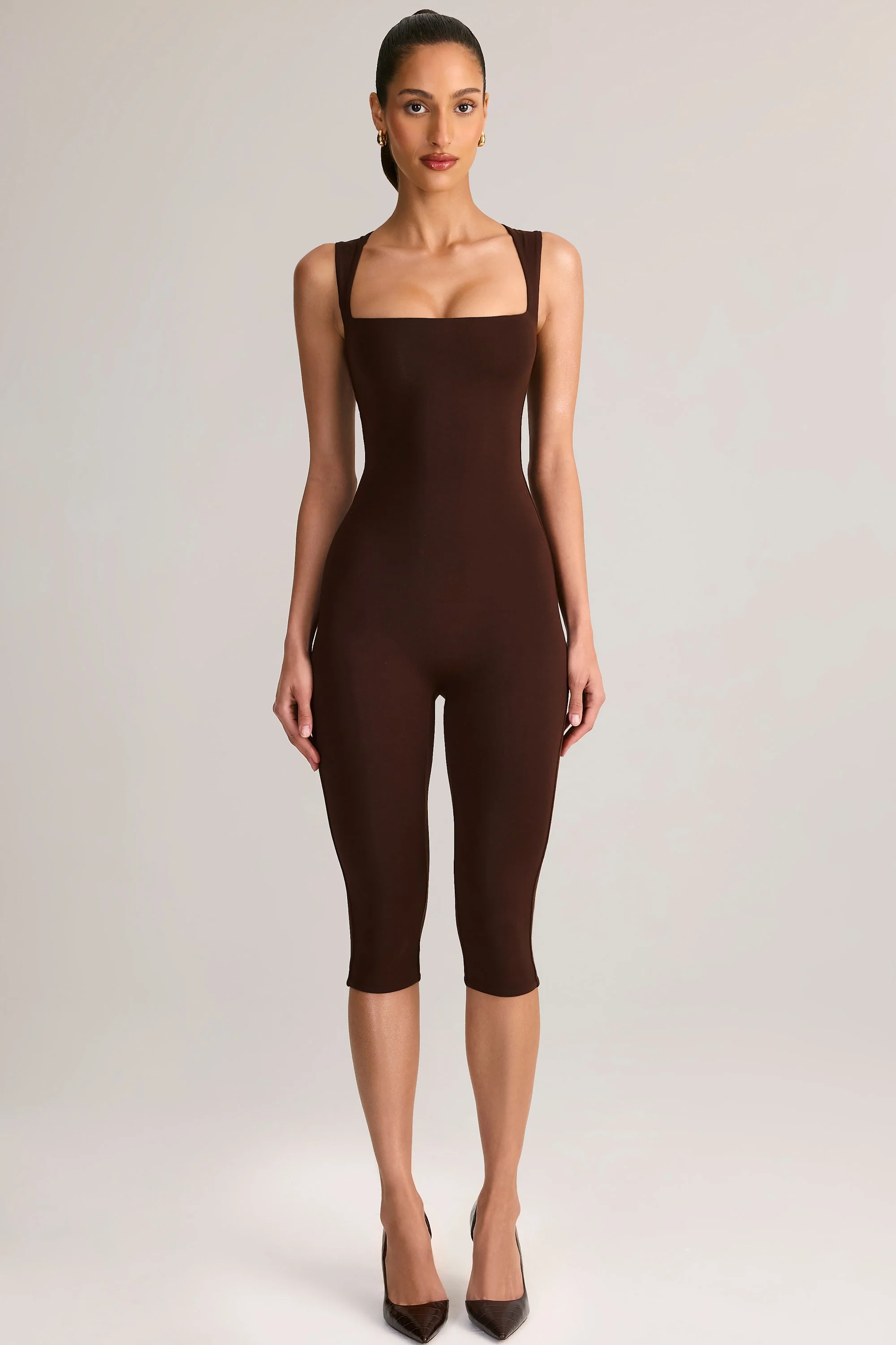 Modal Square-Neck Bodycon Capri Jumpsuit in Chocolate Brown - Image 6