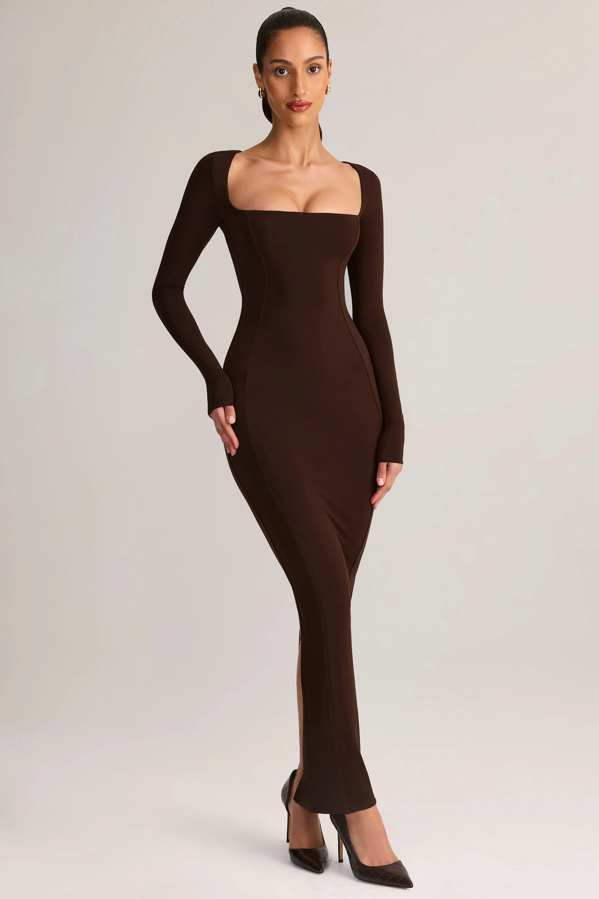 Modal Square-Neck Bodycon Maxi Dress in Chocolate Brown - Image 6