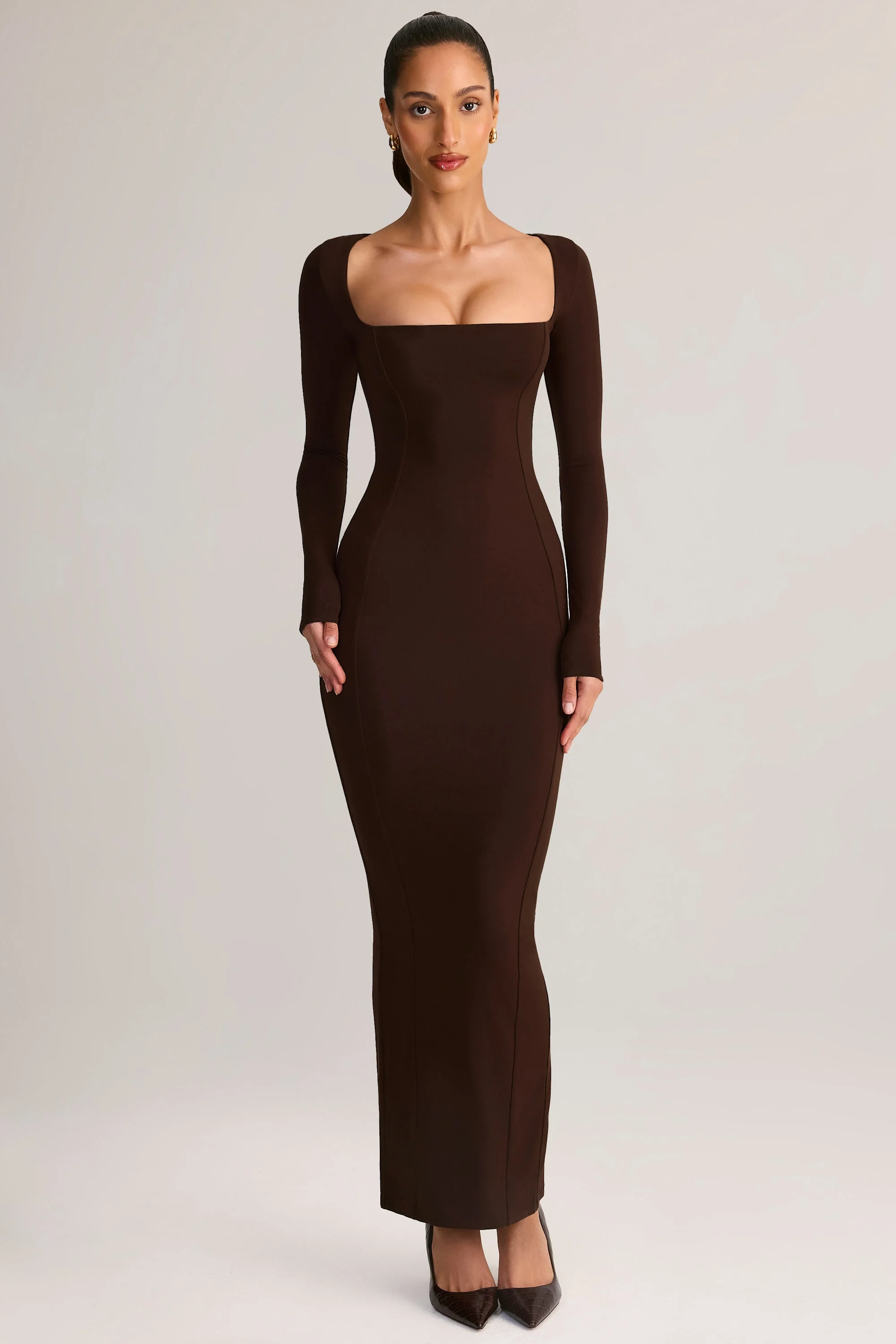 Modal Square-Neck Bodycon Maxi Dress in Chocolate Brown - Image 8