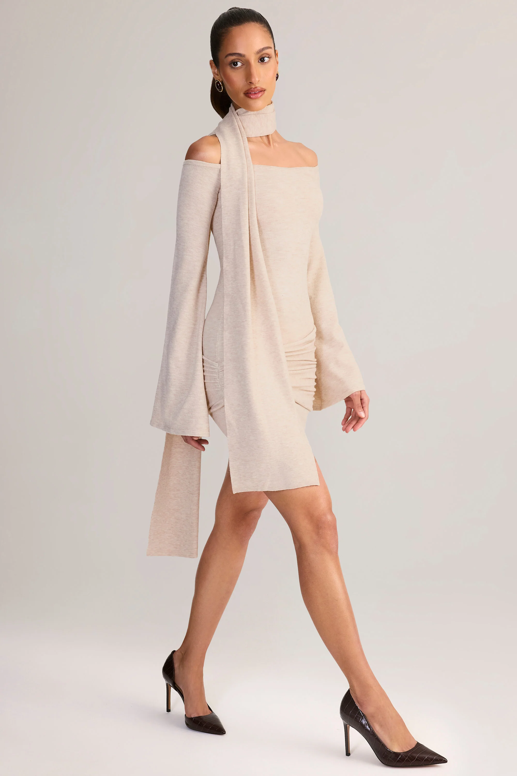 Knit Scarf-Detail Off-Shoulder Mini Dress in Cream - Image 9