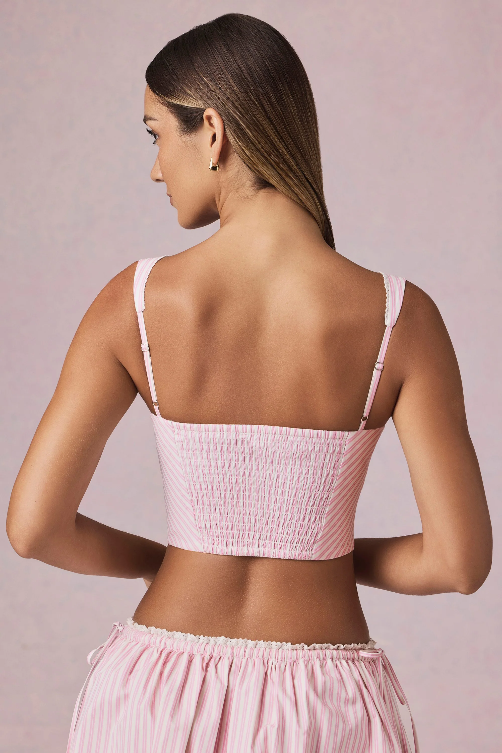 Bow-Detail Crop Top in Soft Mauve Stripe - Image 3