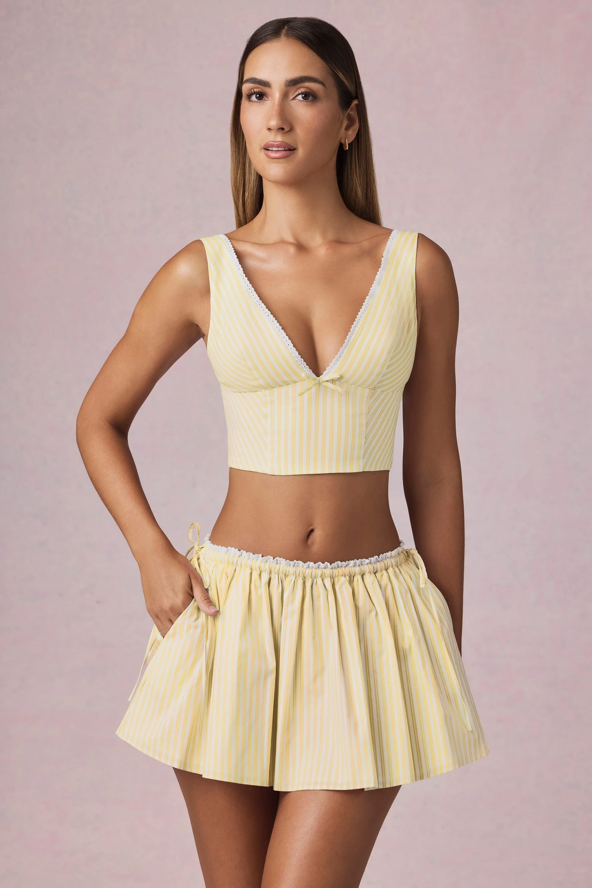 Ruched Drawstring Mini Skirt in Lemon Yellow Stripe - Image 4