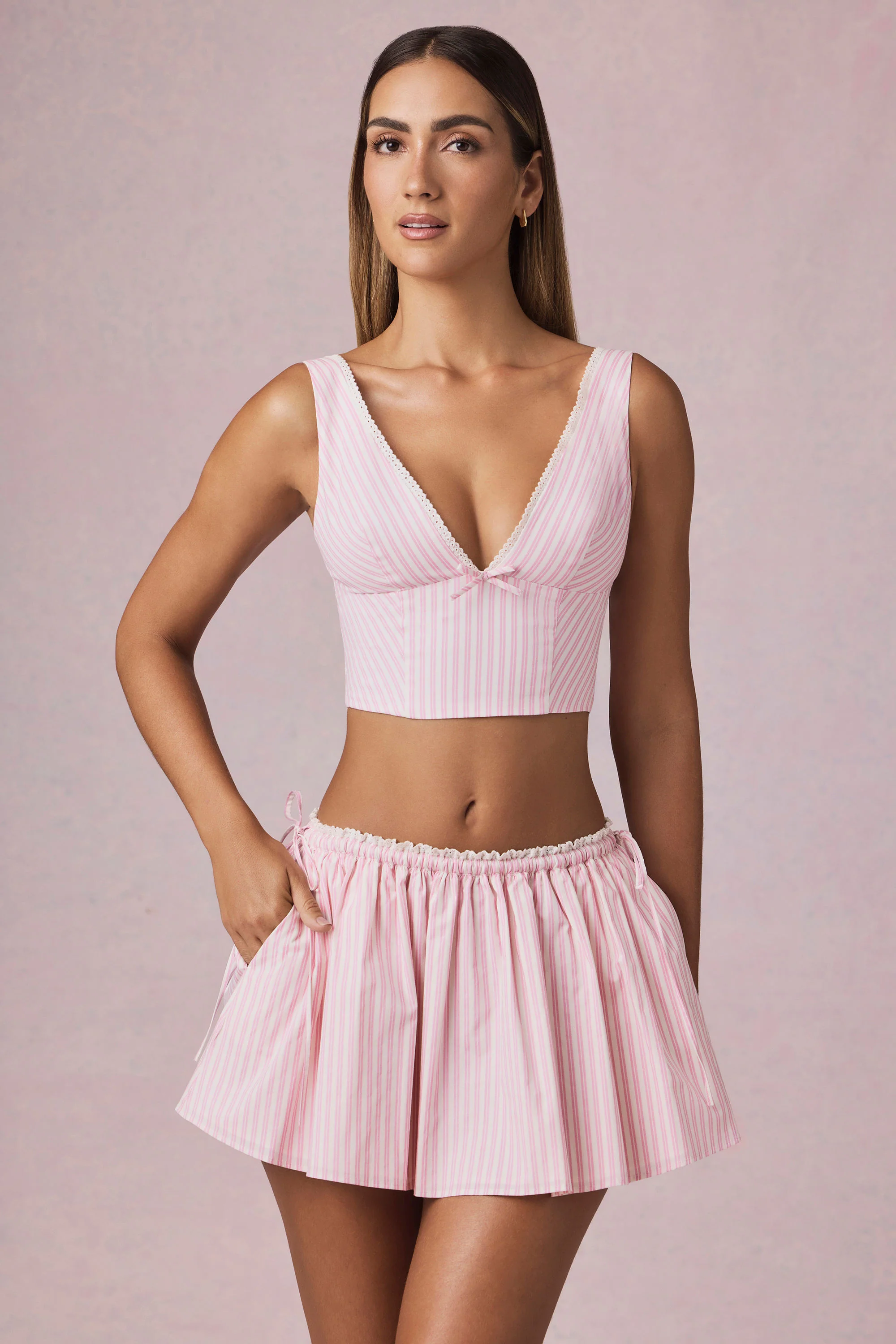 Ruched Drawstring Mini Skirt in Soft Mauve Stripe - Image 6