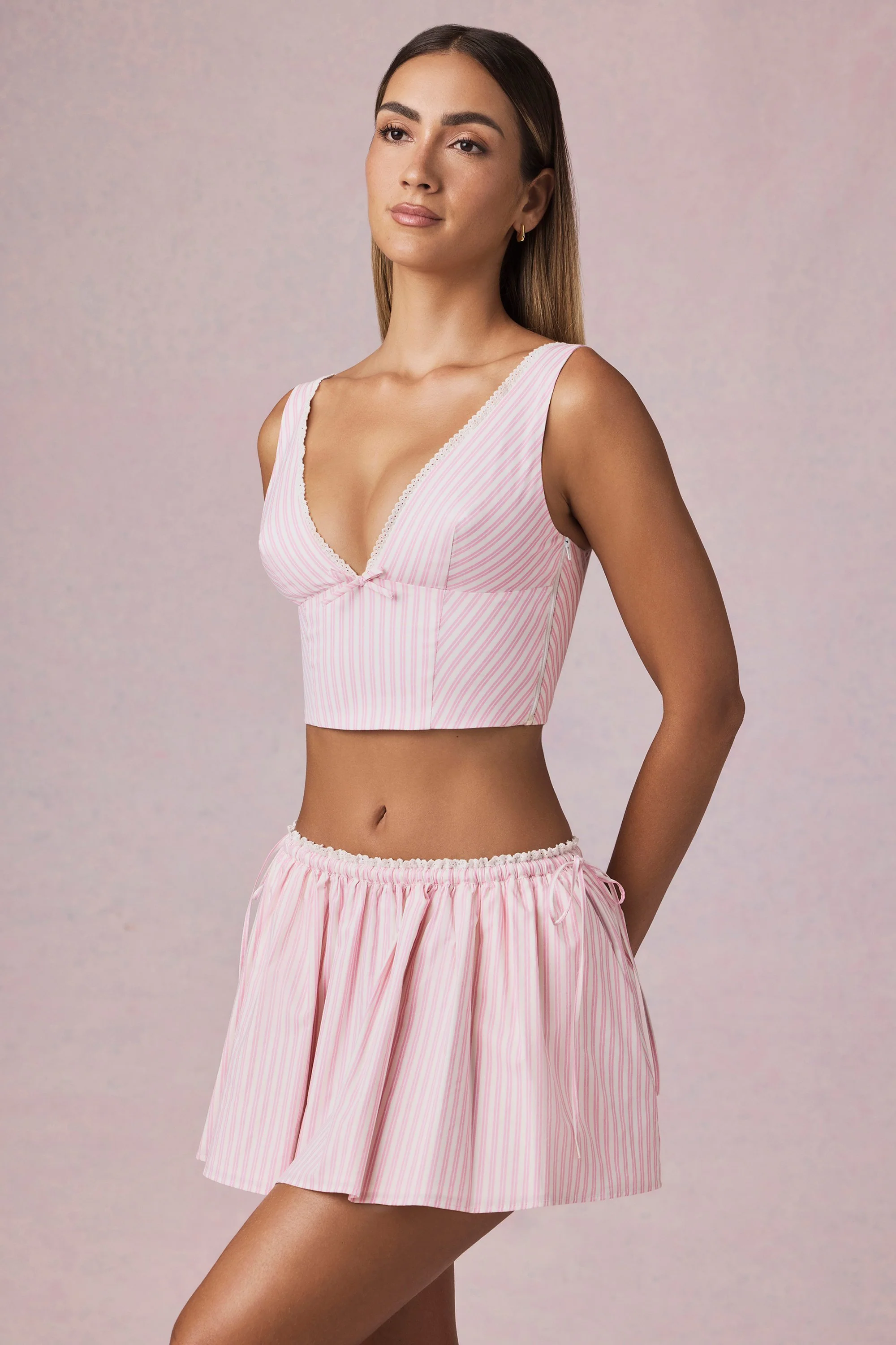 Ruched Drawstring Mini Skirt in Soft Mauve Stripe - Image 7