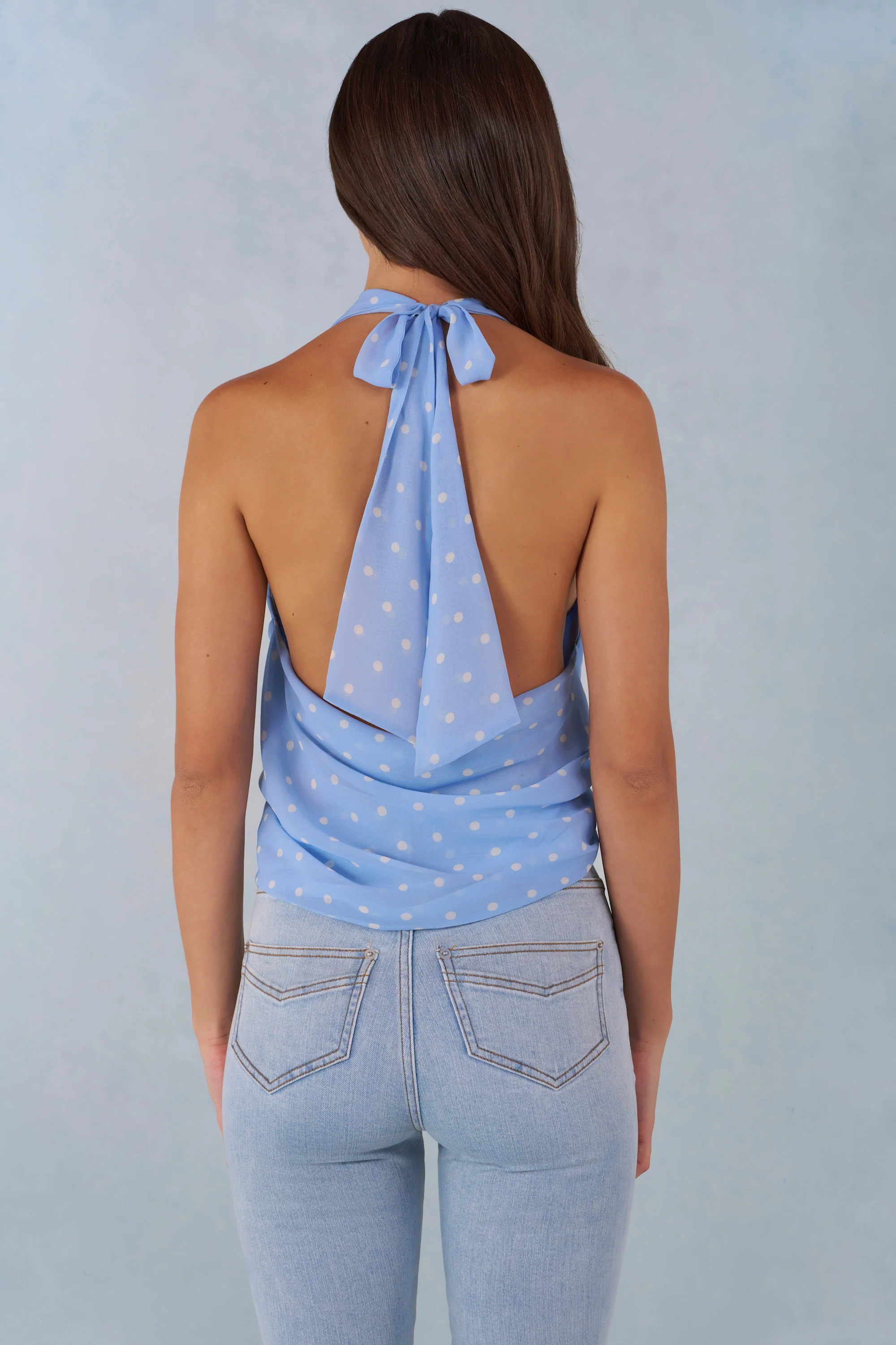 Deep Plunge Halterneck Top in Blue Polka Dot Print - Image 7