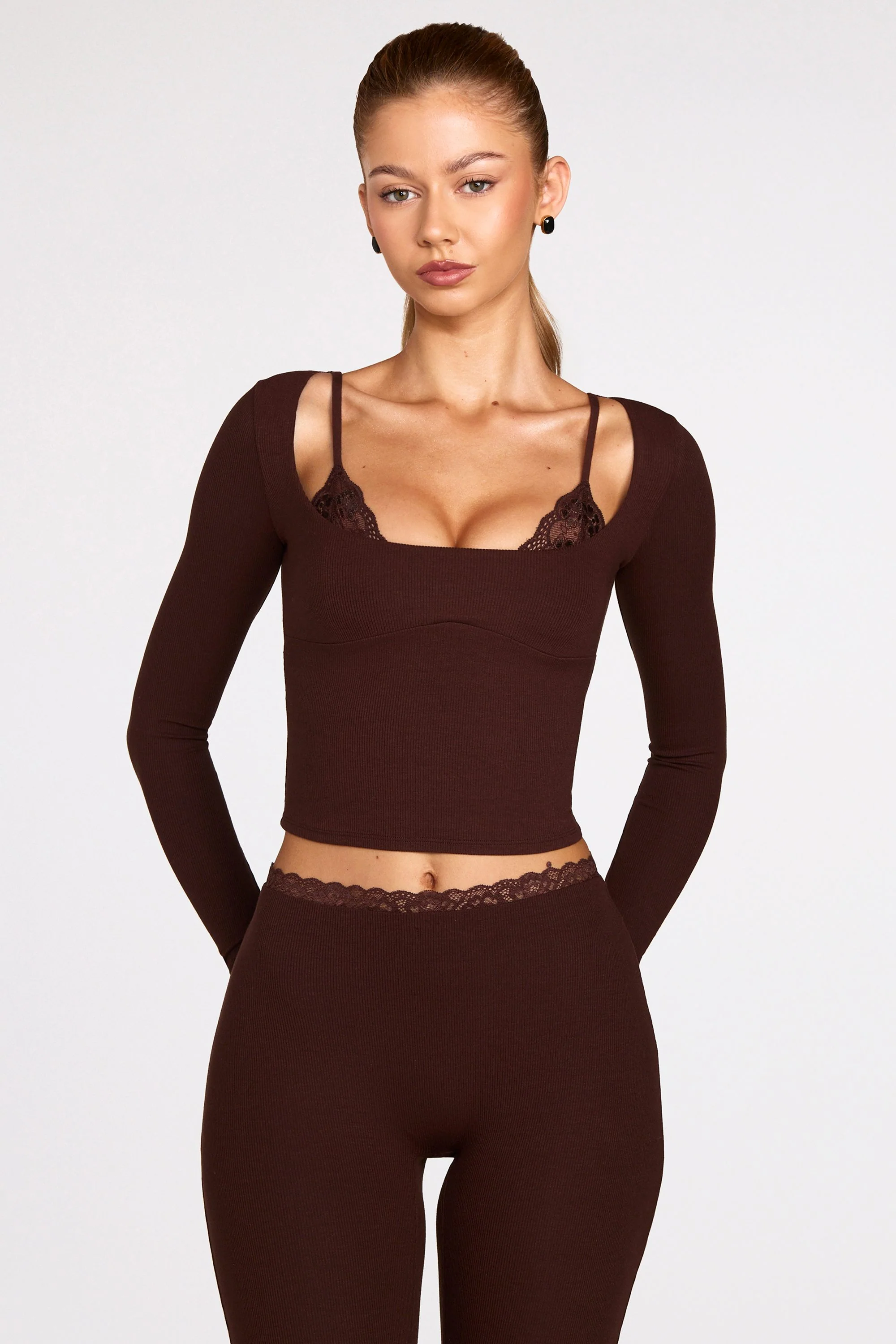 Ribbed Modal Long-Sleeve Laced Bra Top in Chocolate Brown - Image 6