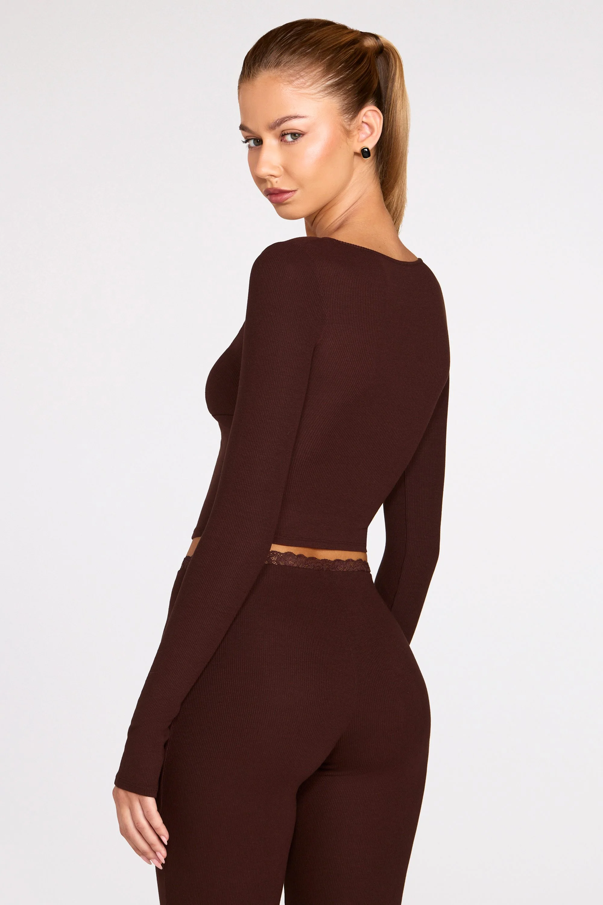 Ribbed Modal Long-Sleeve Laced Bra Top in Chocolate Brown - Image 7