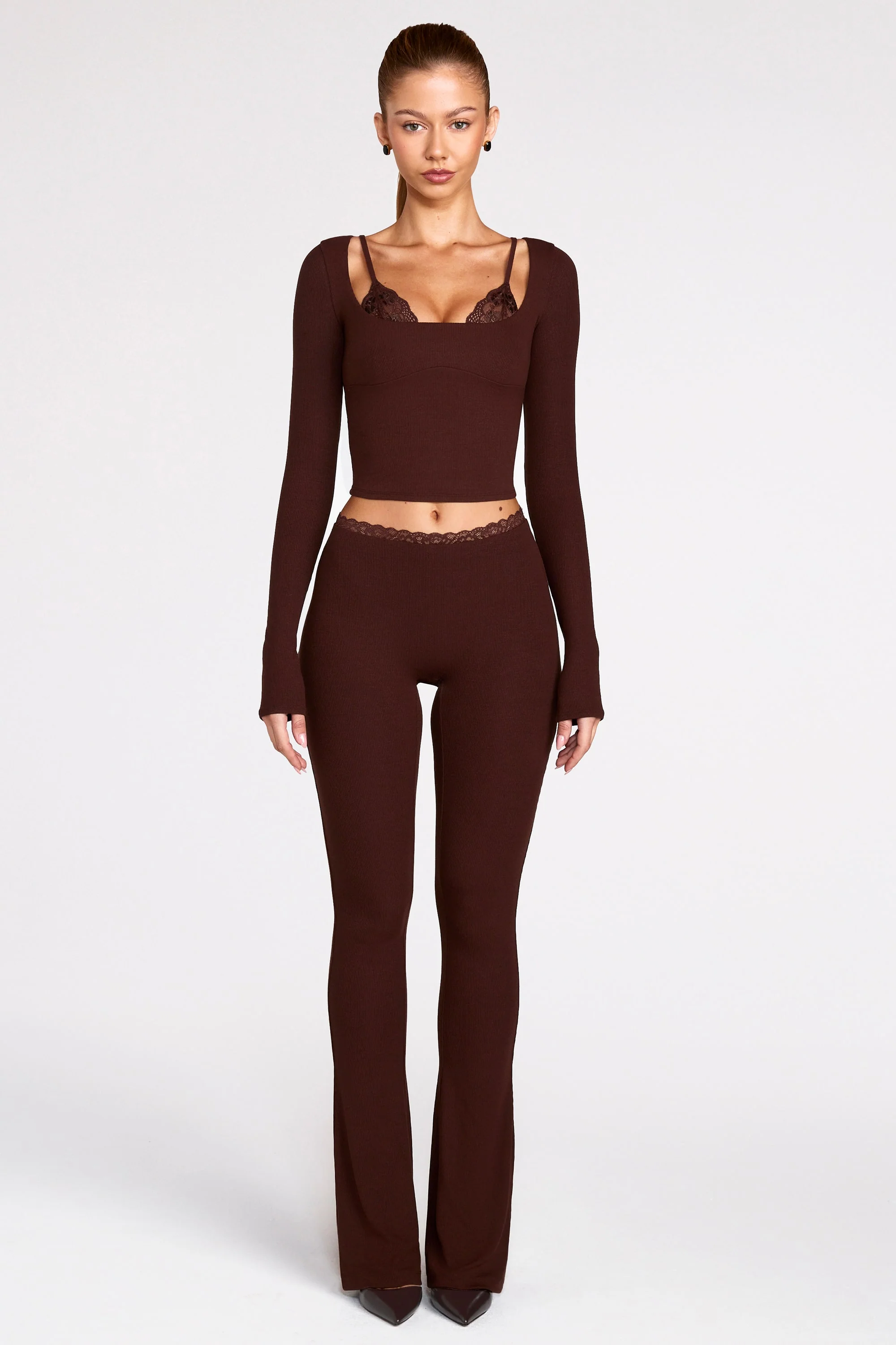Ribbed Modal Long-Sleeve Laced Bra Top in Chocolate Brown - Image 8