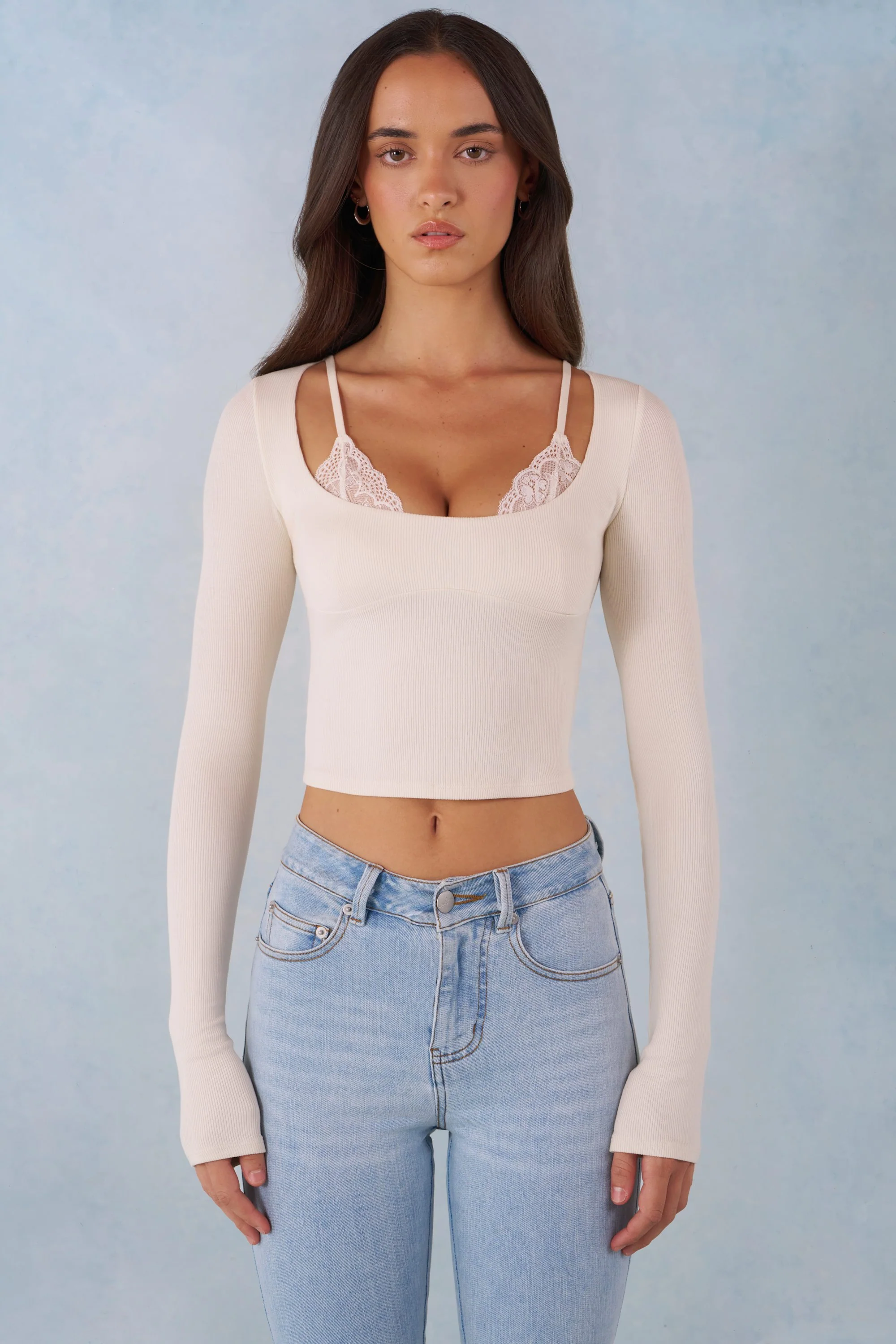 Ribbed Modal Long-Sleeve Laced Bra Top in Ivory - Image 5