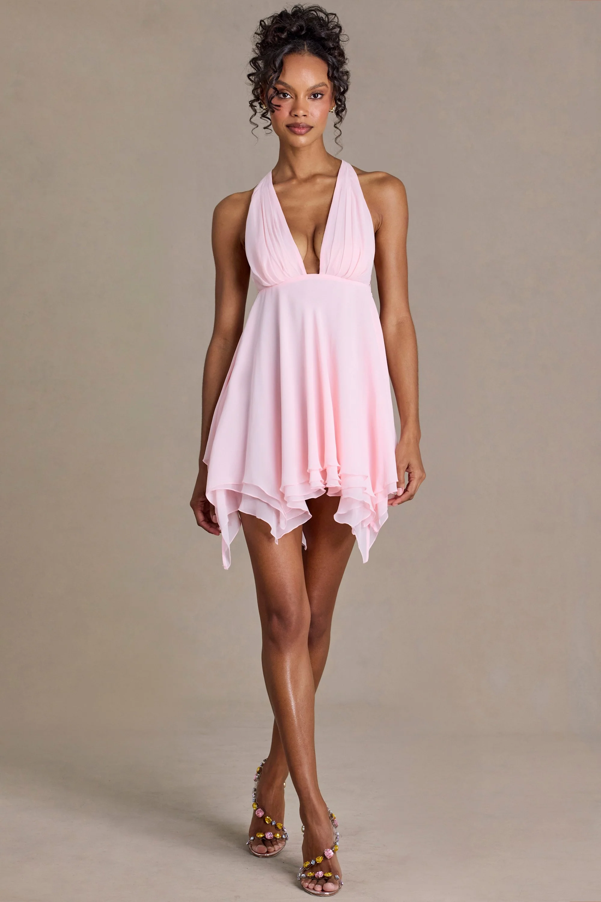 Premium Chiffon Plunge-Neck Open-Back Mini Dress in Baby Pink - Image 2