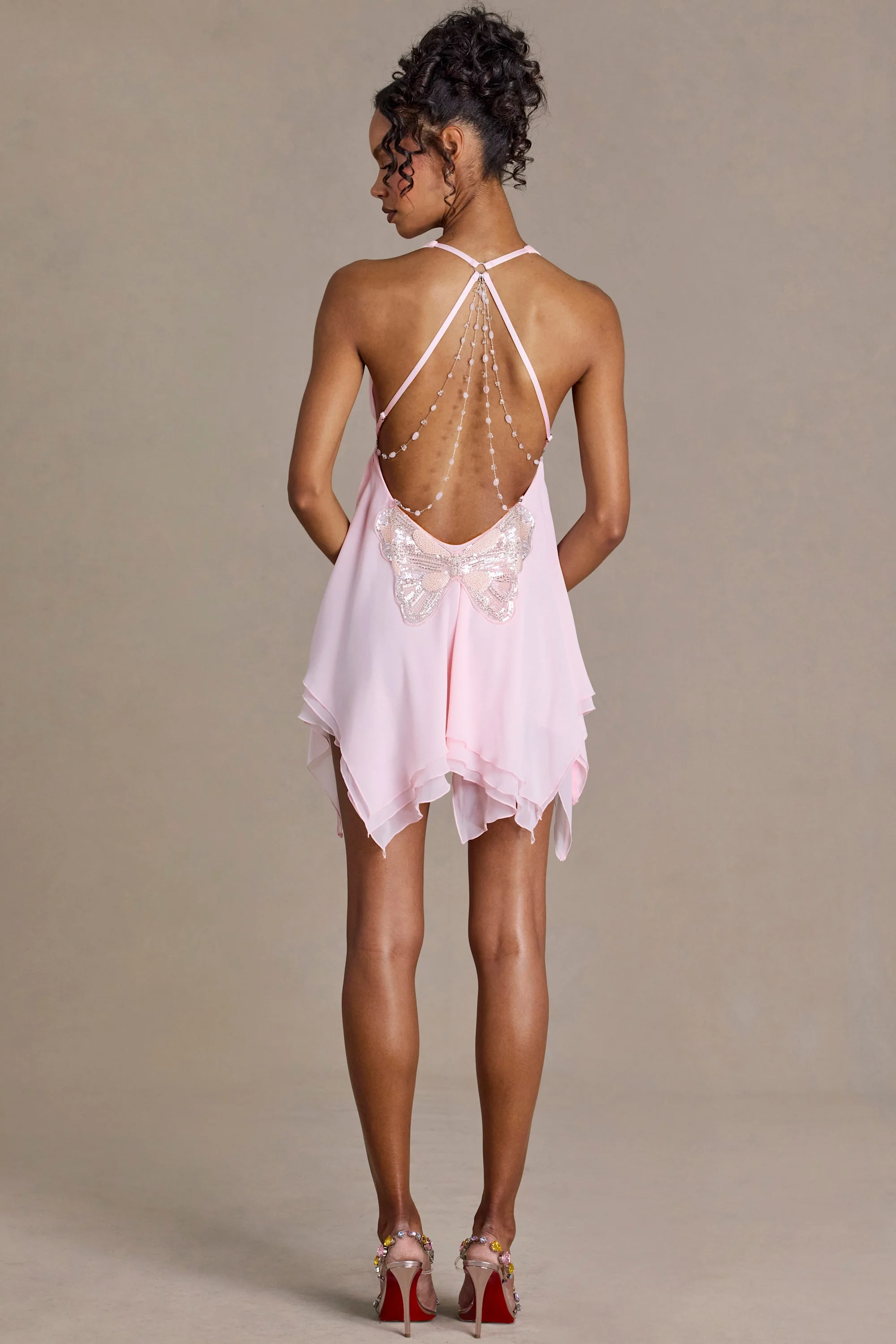 Premium Chiffon Plunge-Neck Open-Back Mini Dress in Baby Pink - Image 5