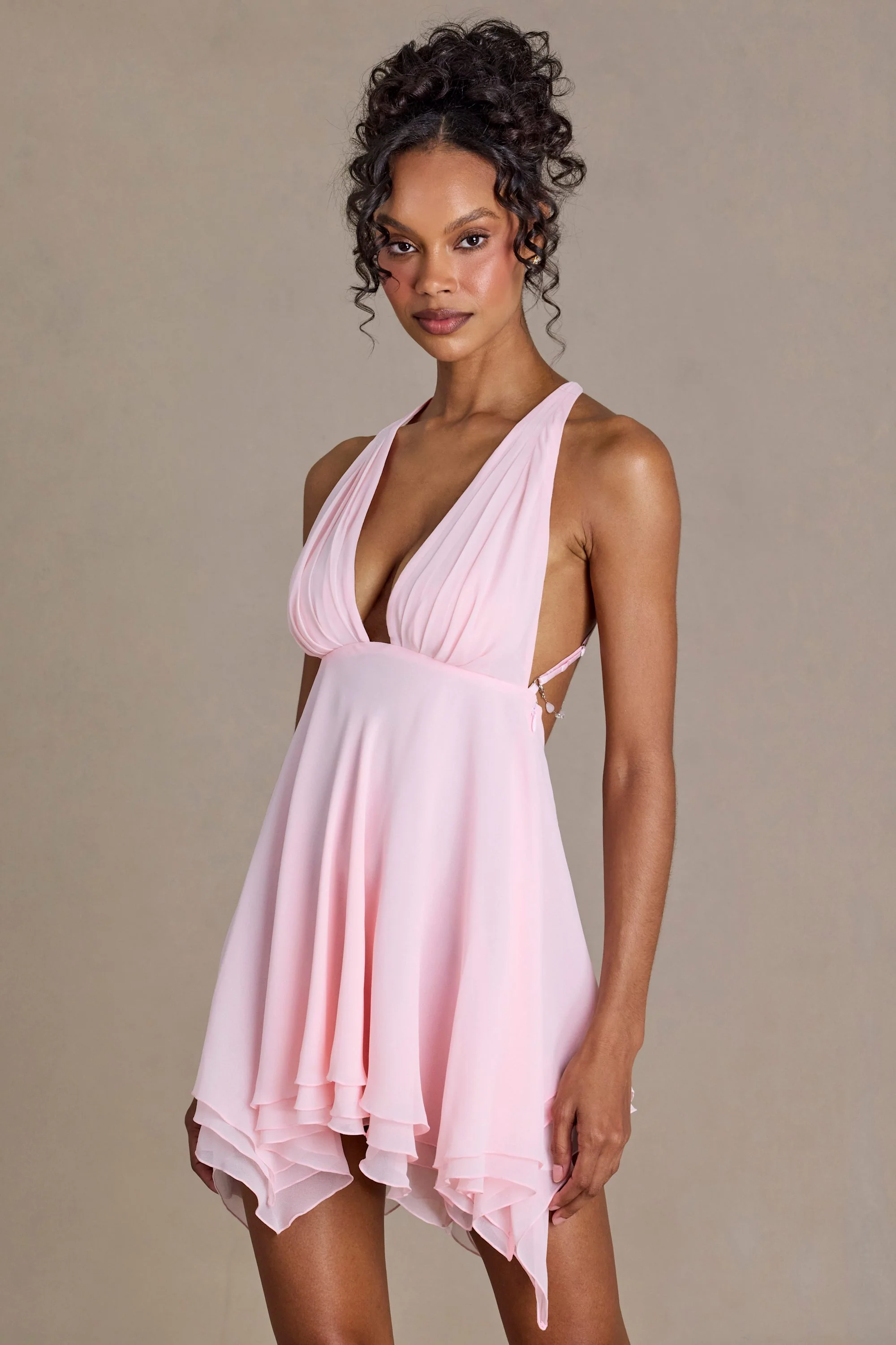 Premium Chiffon Plunge-Neck Open-Back Mini Dress in Baby Pink - Image 6