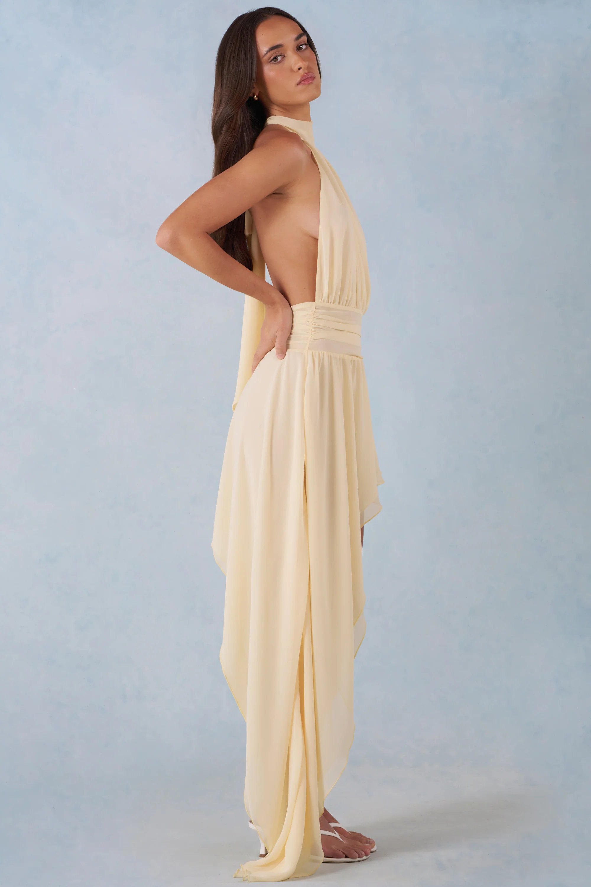 Halterneck Asymmetric Maxi Dress in Butter Yellow - Image 3