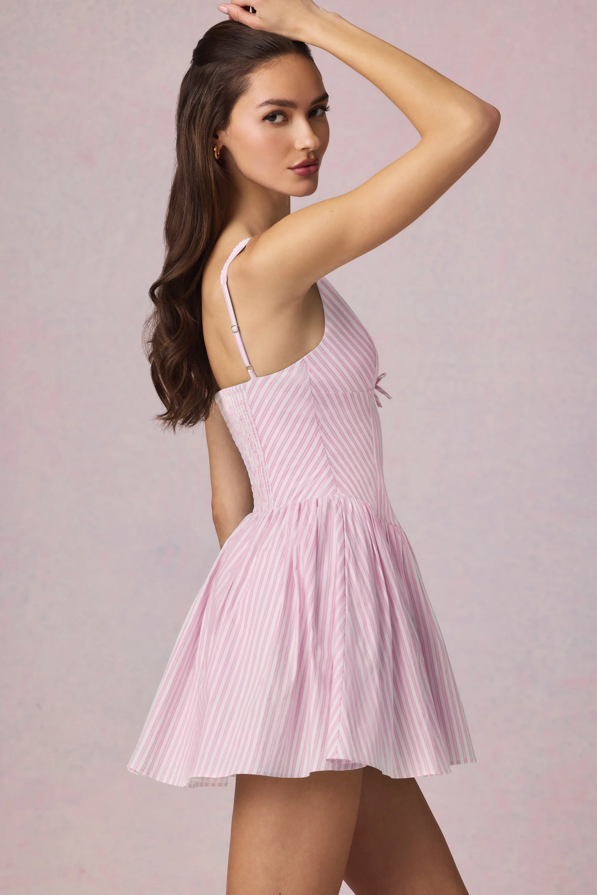 Bow-Detail A-Line Mini Dress in Soft Mauve Stripe - Image 8