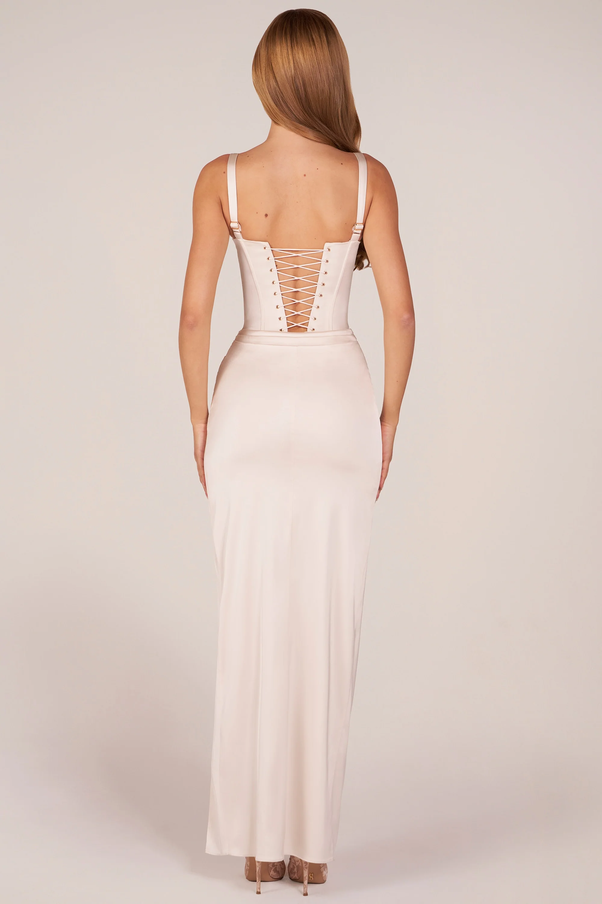 Corseted Thigh-High Split Maxi Dress in Ivory - Image 6
