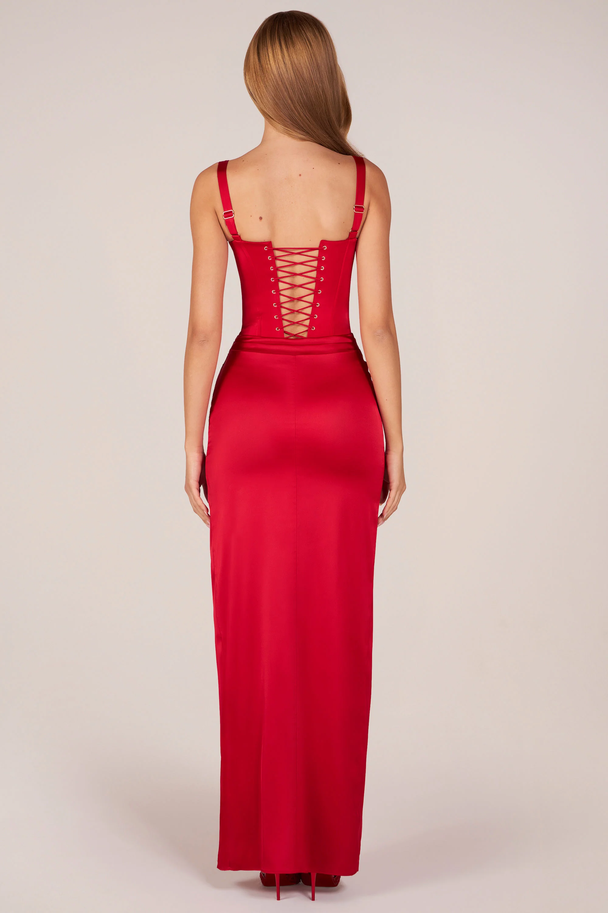 Corseted Thigh-High Split Maxi Dress in Rose Red - Image 3