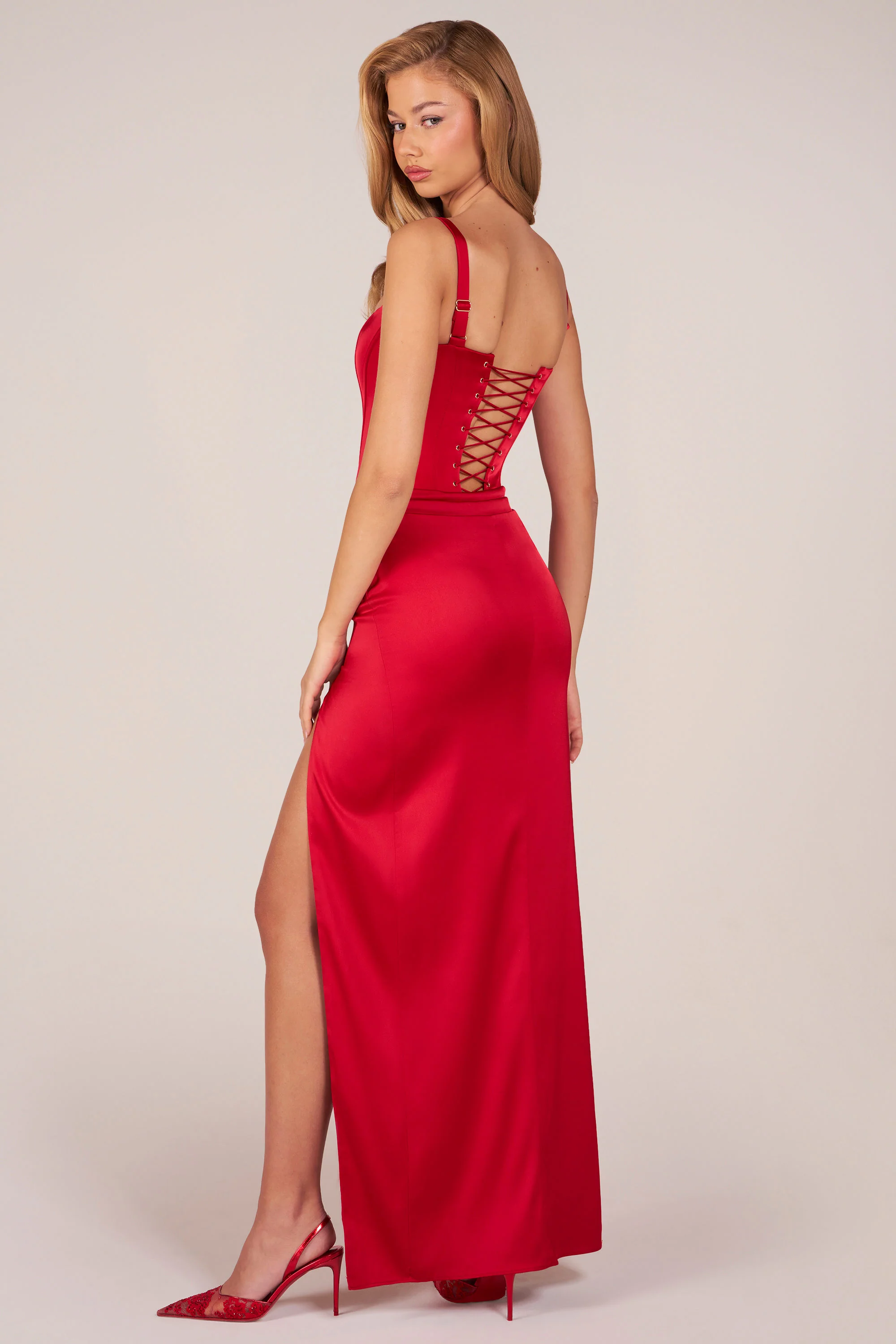 Corseted Thigh-High Split Maxi Dress in Rose Red - Image 7