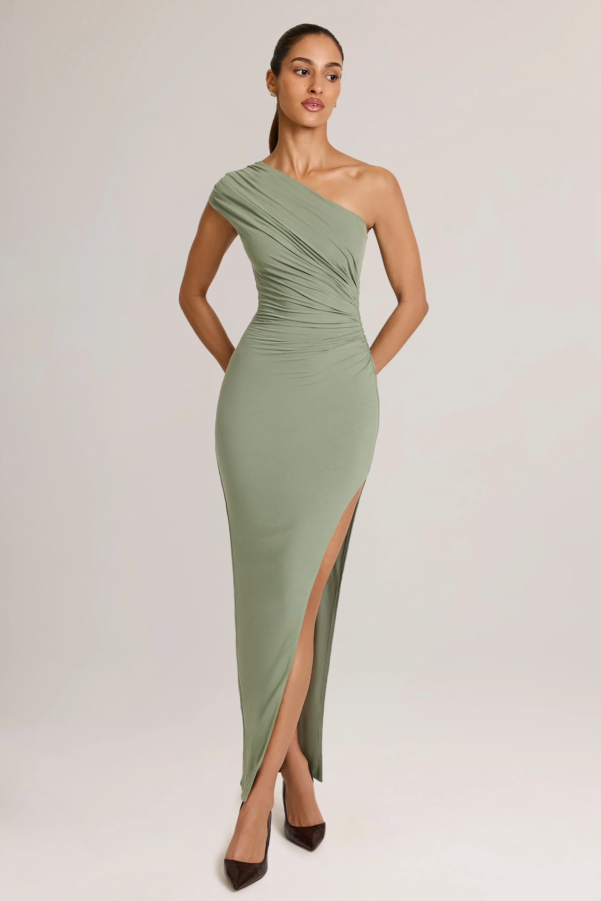 Modal Asymmetric Ruched Maxi Dress  in Sage Green - Image 4