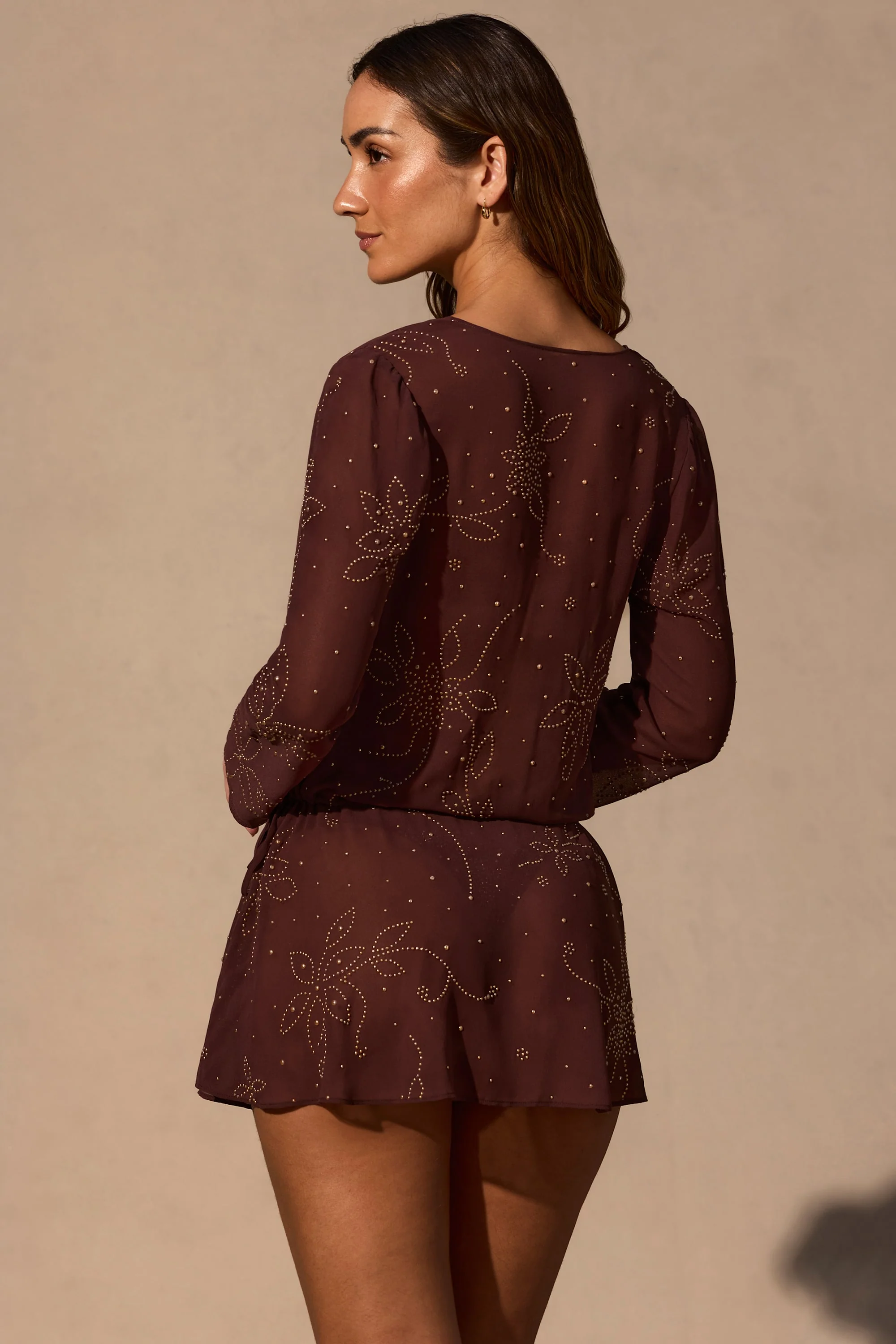 Long-Sleeve Mini Dress in Espresso Brown - Image 7