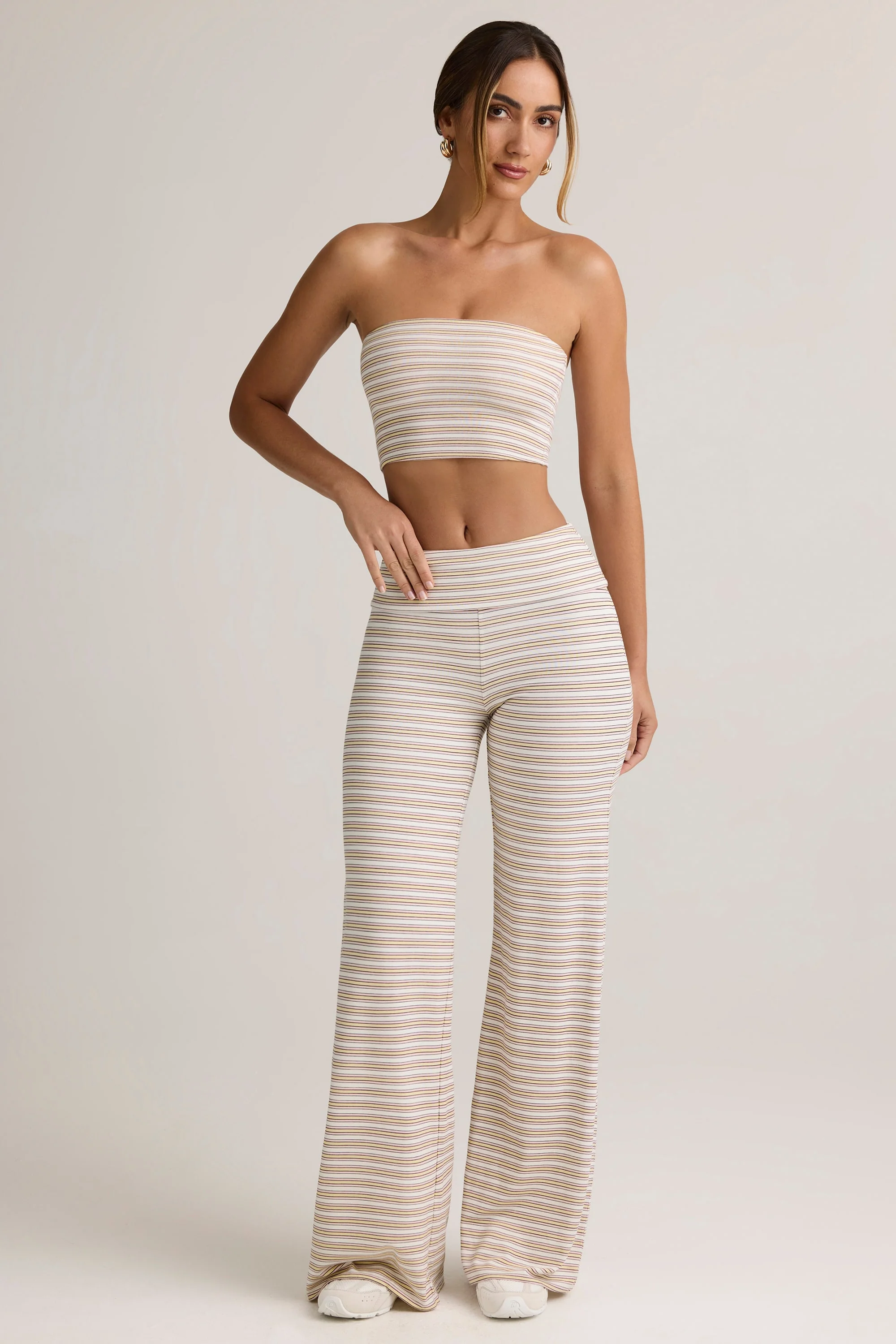 Modal Foldover Wide-Leg Trousers in Pink & Yellow Stripe - Image 4