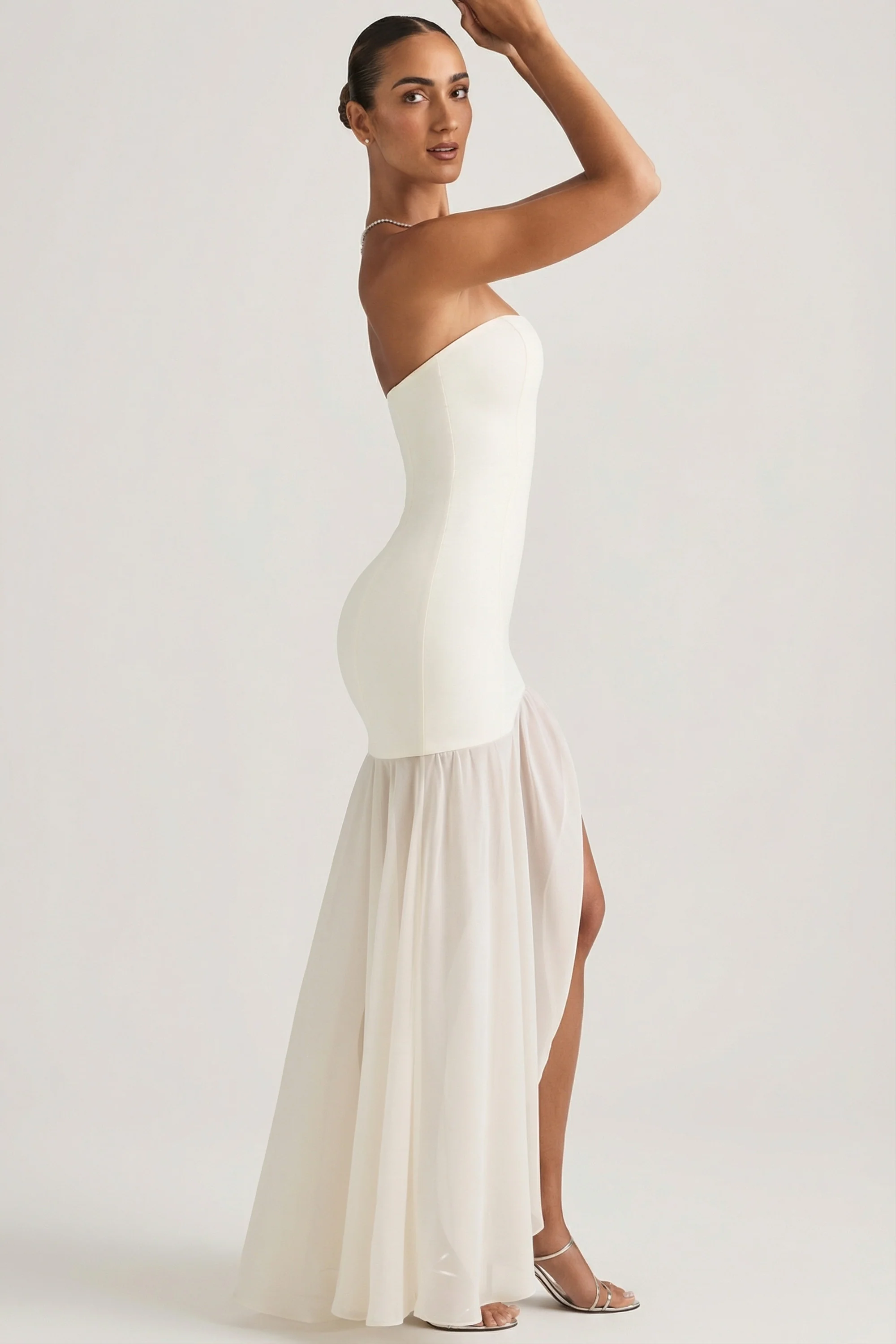 Asymmetric Strapless Fishtail Maxi Dress in Ivory - Image 3