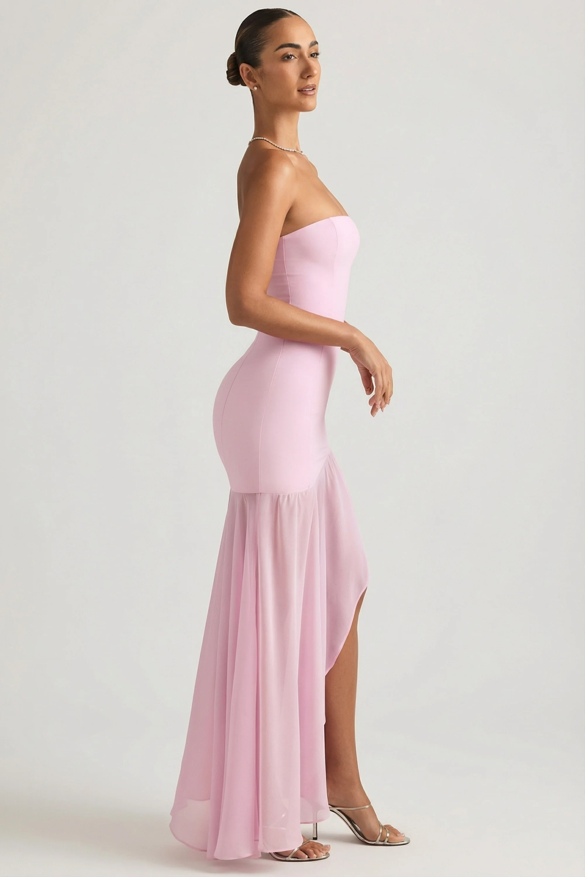Asymmetric Strapless Fishtail Maxi Dress in Soft Pink - Image 7