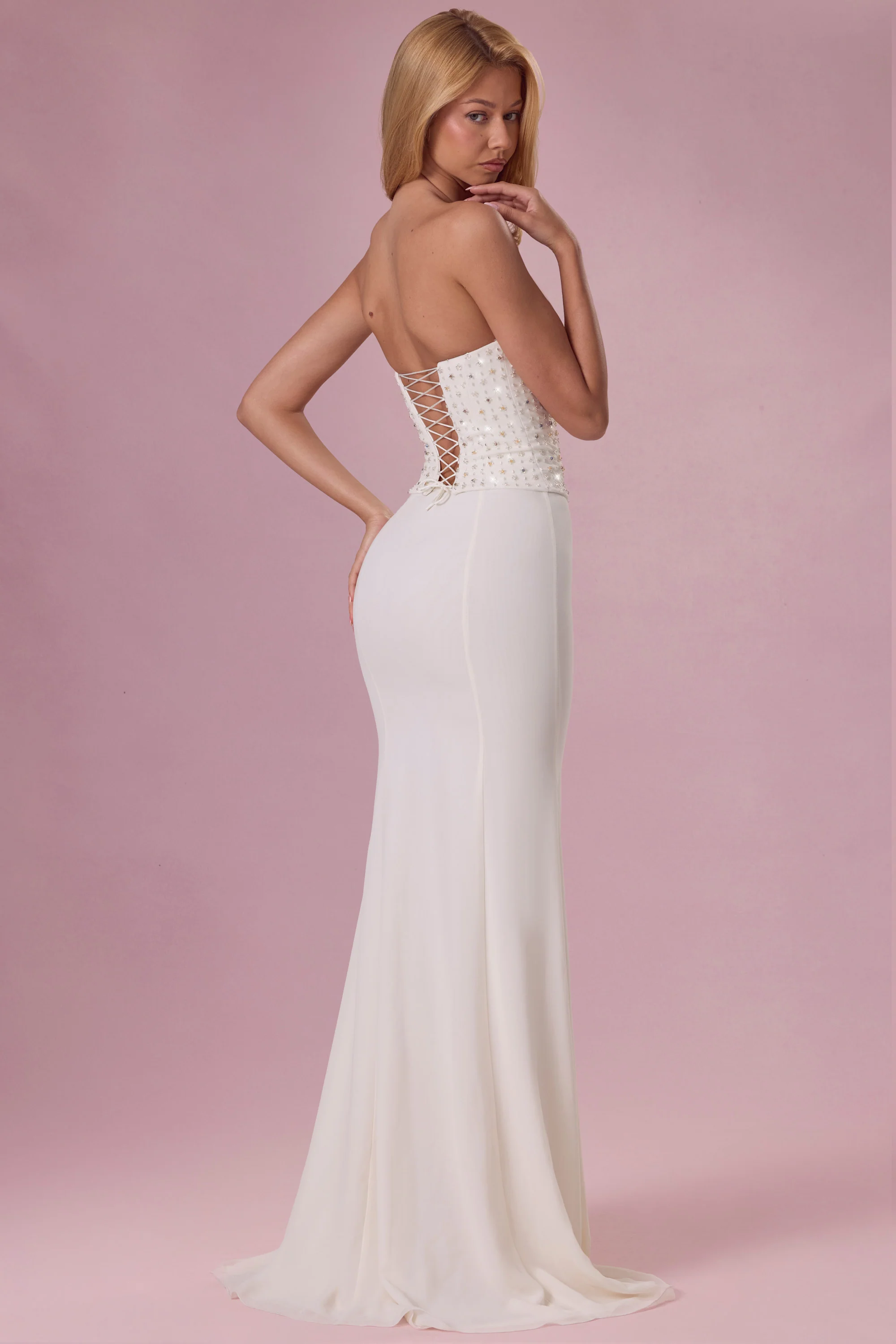 Embellished Corset Strapless Gown in Ivory - Image 2