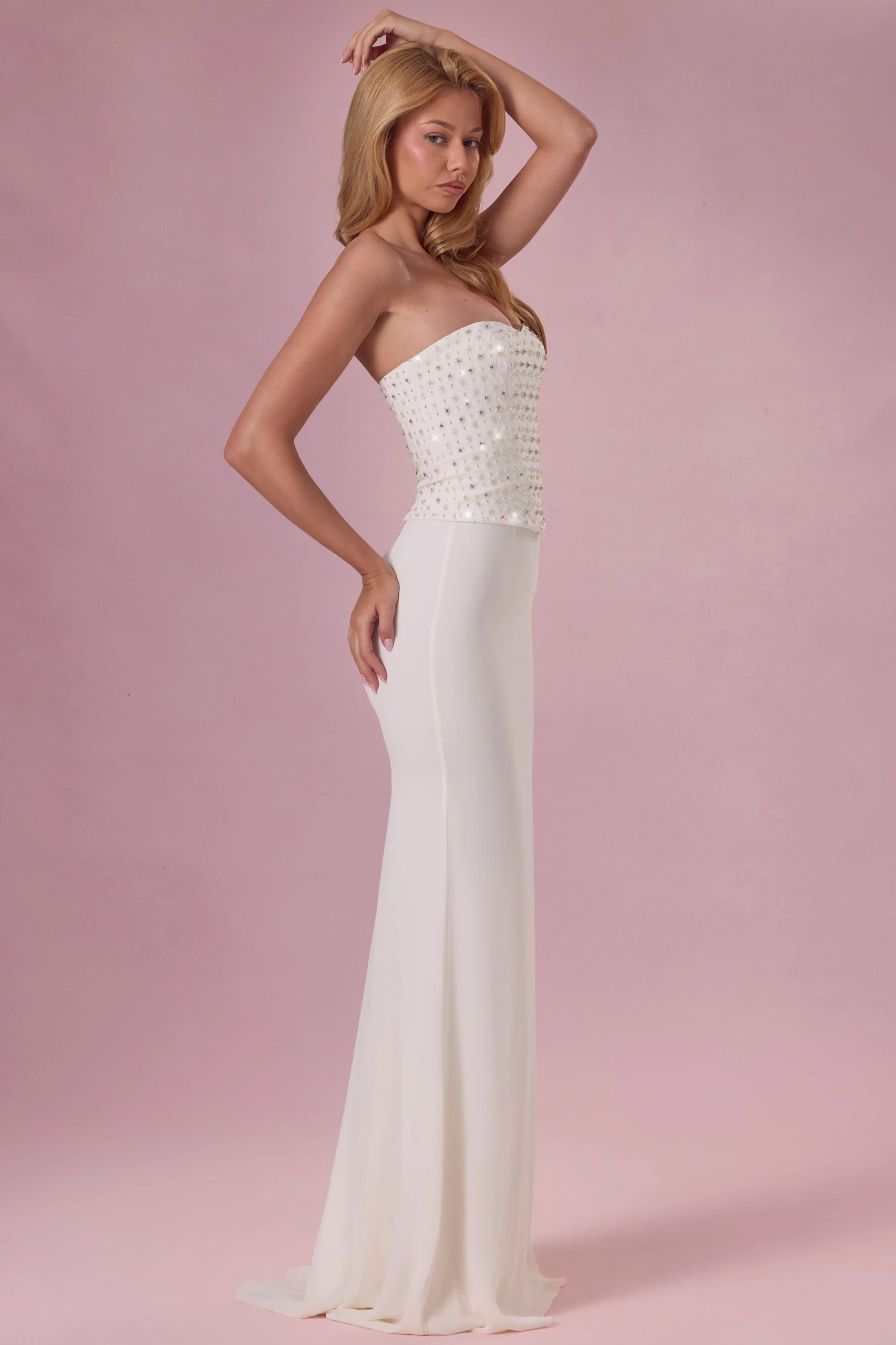 Embellished Corset Strapless Gown in Ivory - Image 3