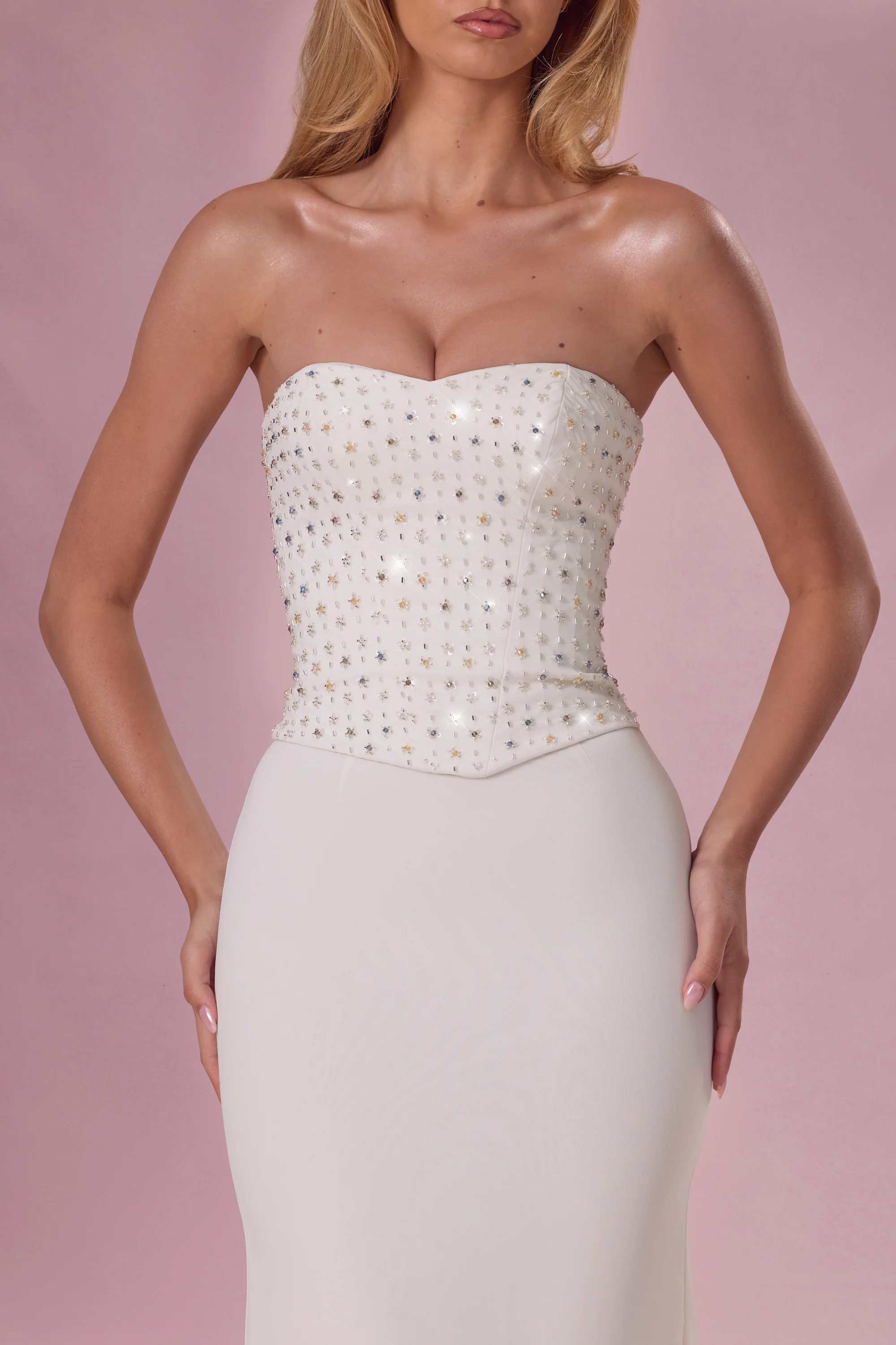 Embellished Corset Strapless Gown in Ivory - Image 4