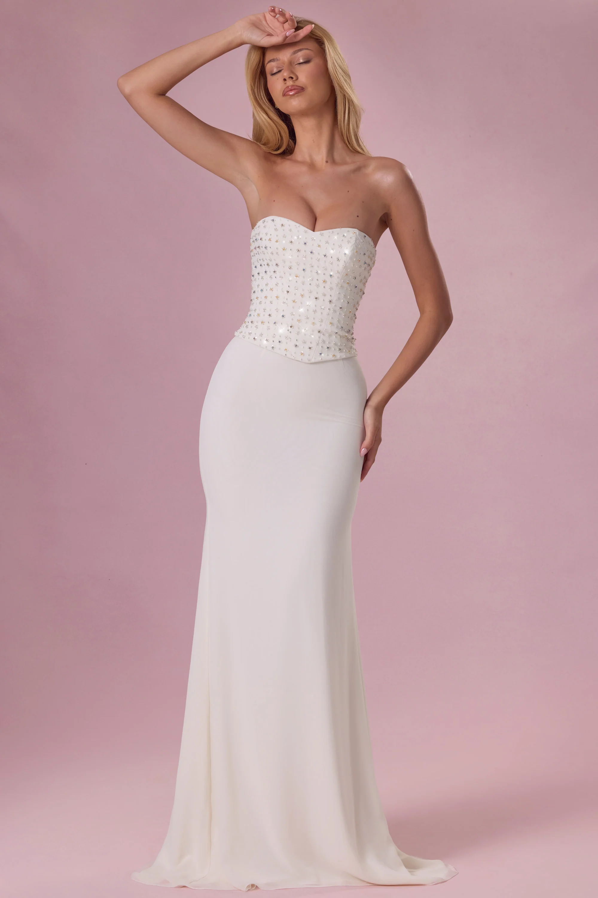 Embellished Corset Strapless Gown in Ivory - Image 8