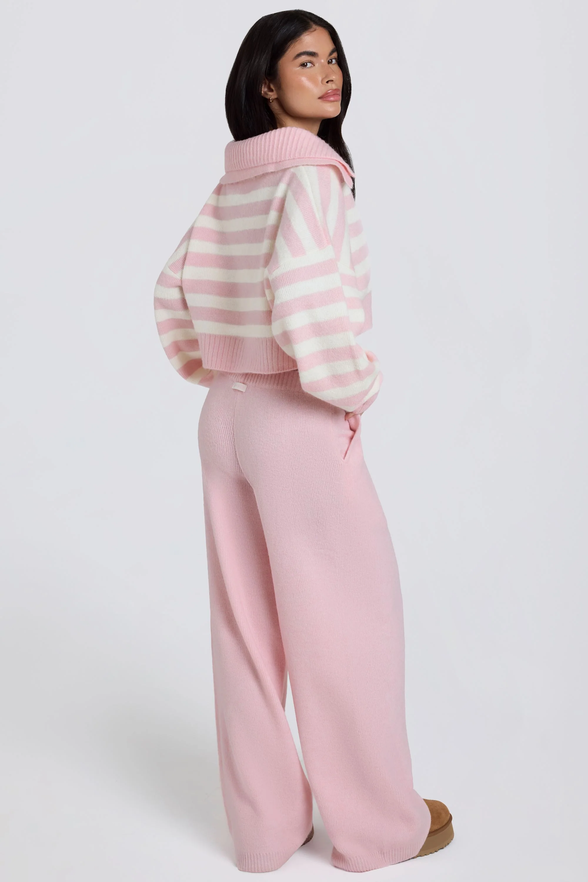 Knit Mid-Rise Wide-Leg Joggers in Soft Pink - Image 2