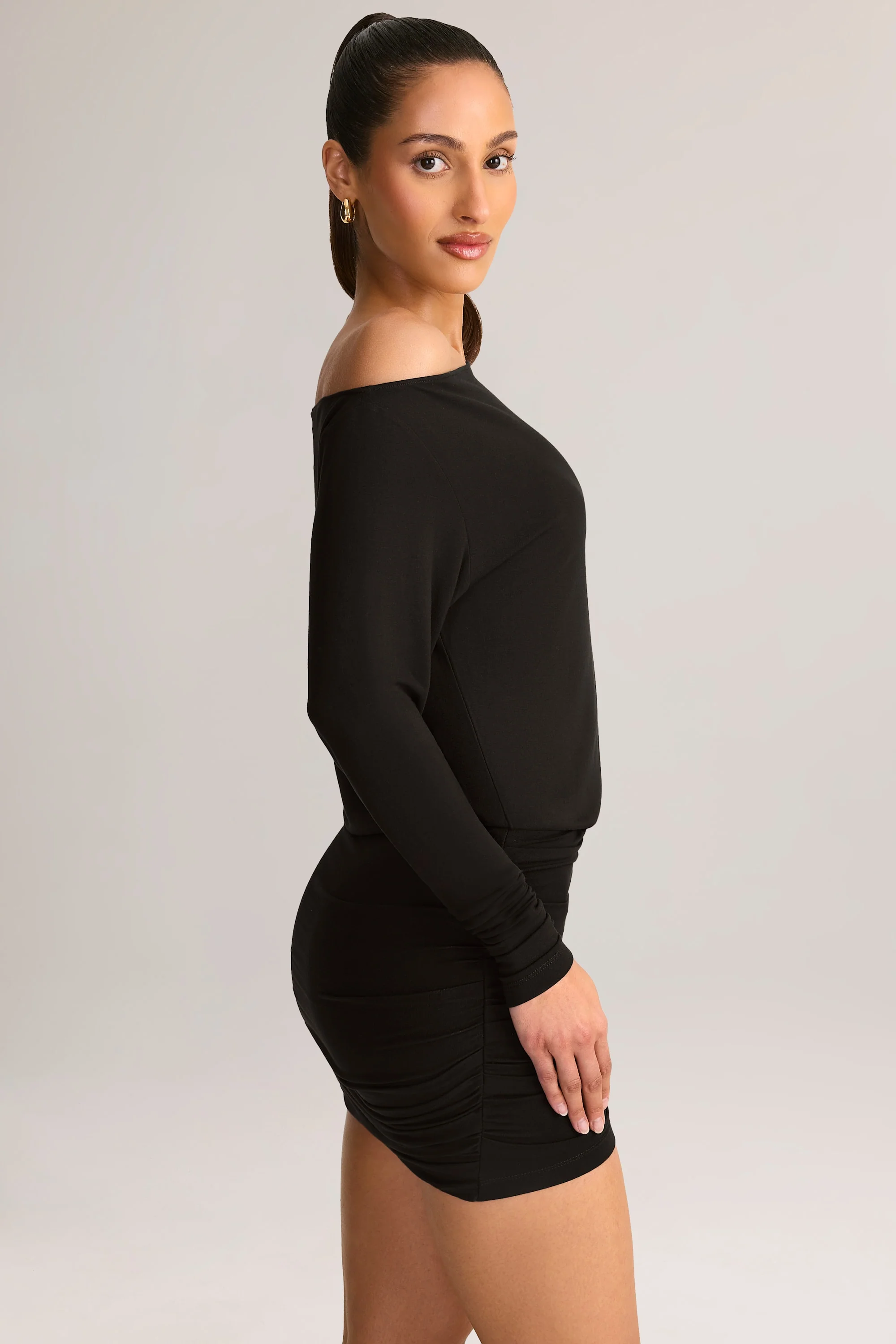 Modal Off-Shoulder Wrap Mini Dress in Black - Image 3