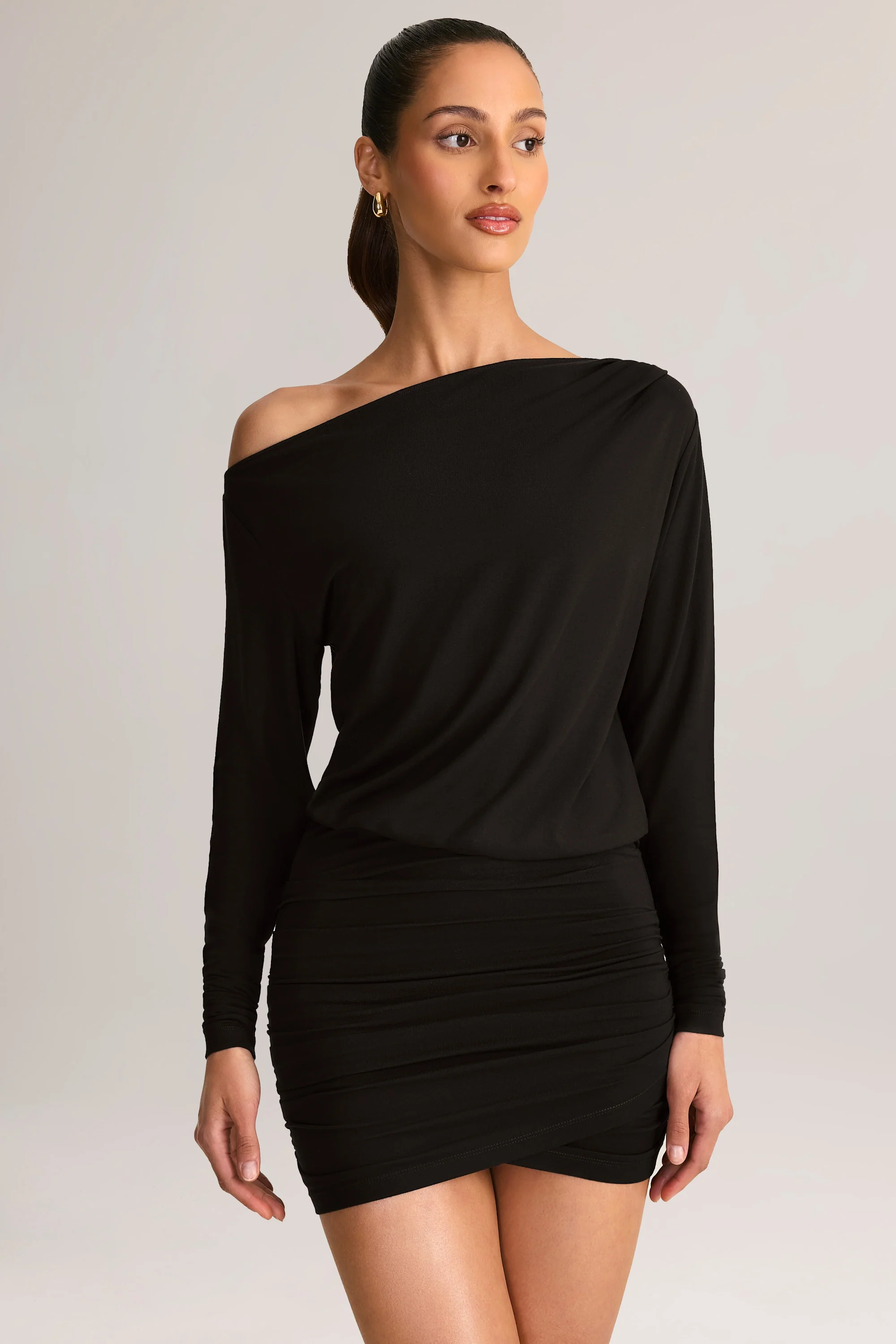 Modal Off-Shoulder Wrap Mini Dress in Black - Image 5